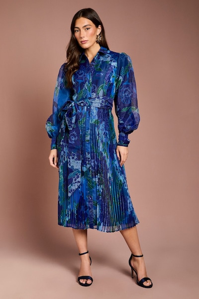 Coast Organza Floral Pleated Midi Shirt Dress Blue