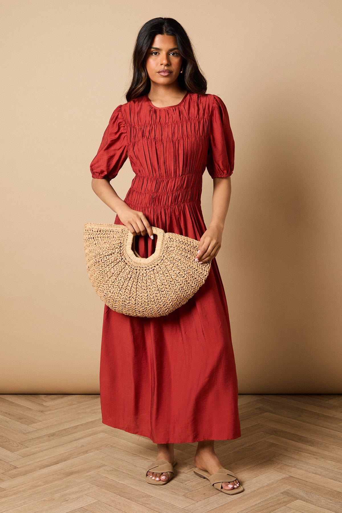 Oasis Petite Shirred Bodice Puff Sleeve Midi Dress Brick image 1