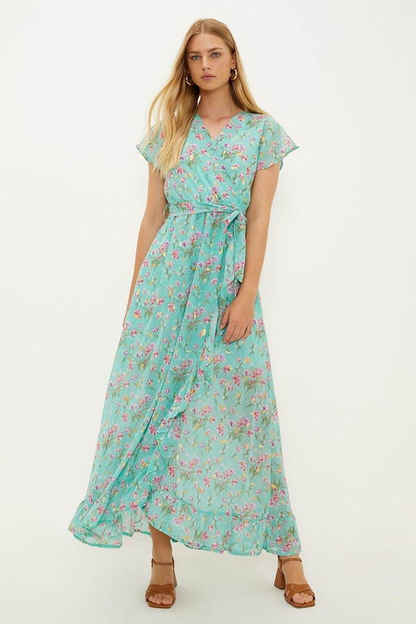 Oasis Pretty Floral Frill Detail Wrap Midi Dress Turquoise