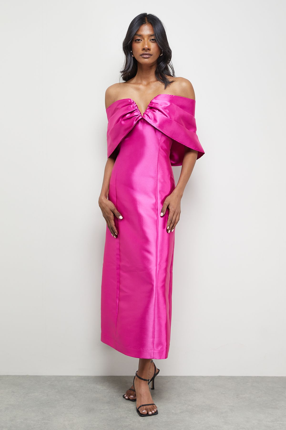 Warehouse Pink Satin Twill Notch Front Bardot Midi Dress PLT