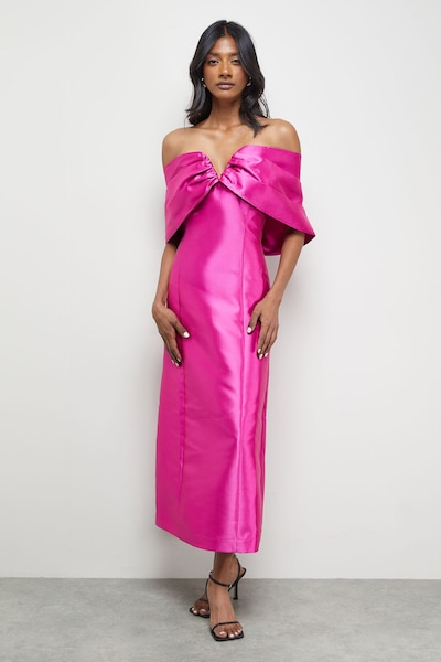Warehouse Satin Twill Notch Front Bardot Midi Dress Pink