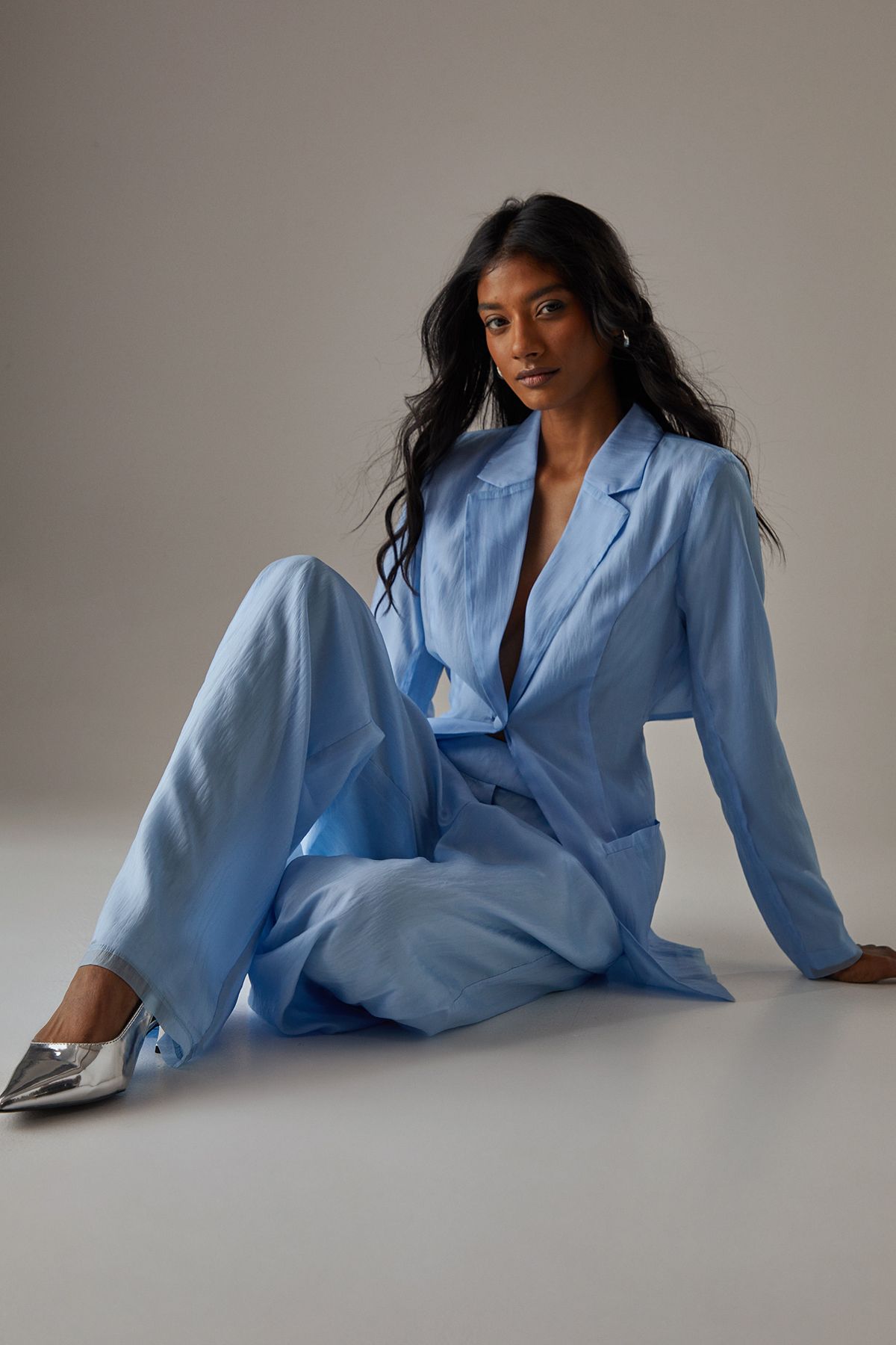 Warehouse Organza High Waisted Wide Leg Trousers True Blue image 2