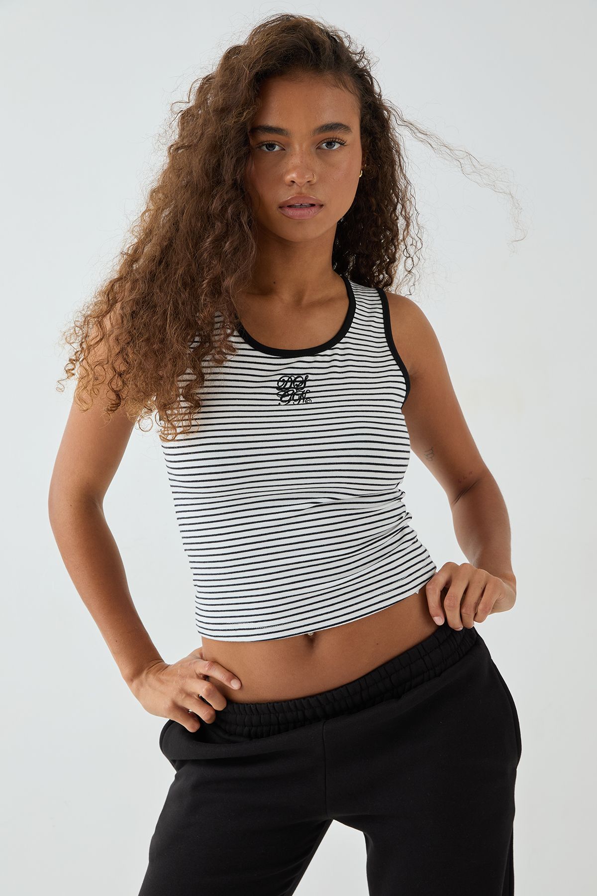 DSGN Studio DSGN Studio Square Script Embroidered Stripe Rib Tank Vest Top Black image 3