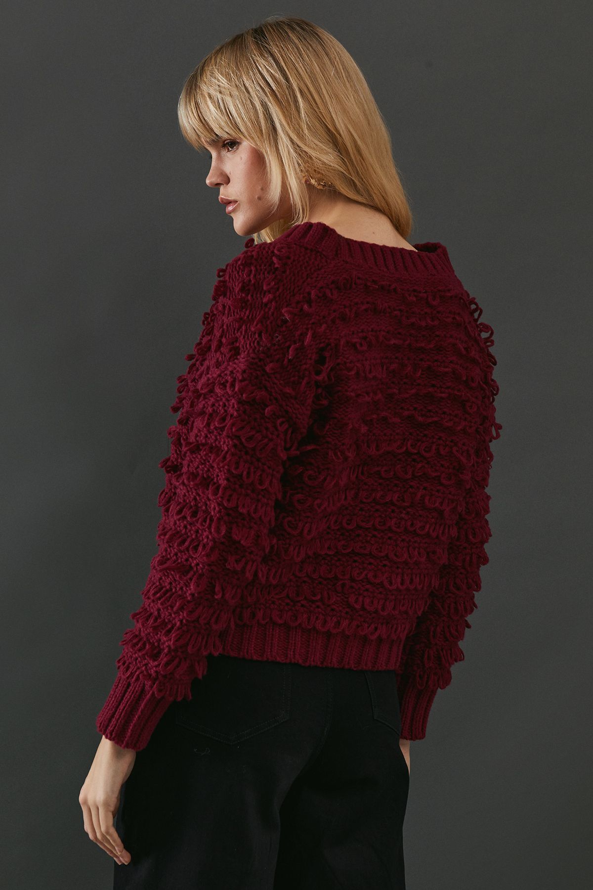 Warehouse Shaggy Button Down Cardigan Wine image 3