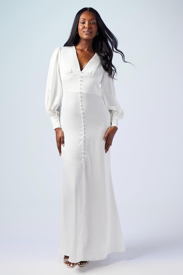 Oasis Premium Button Front Blouson Sleeve Satin Wedding Dress
