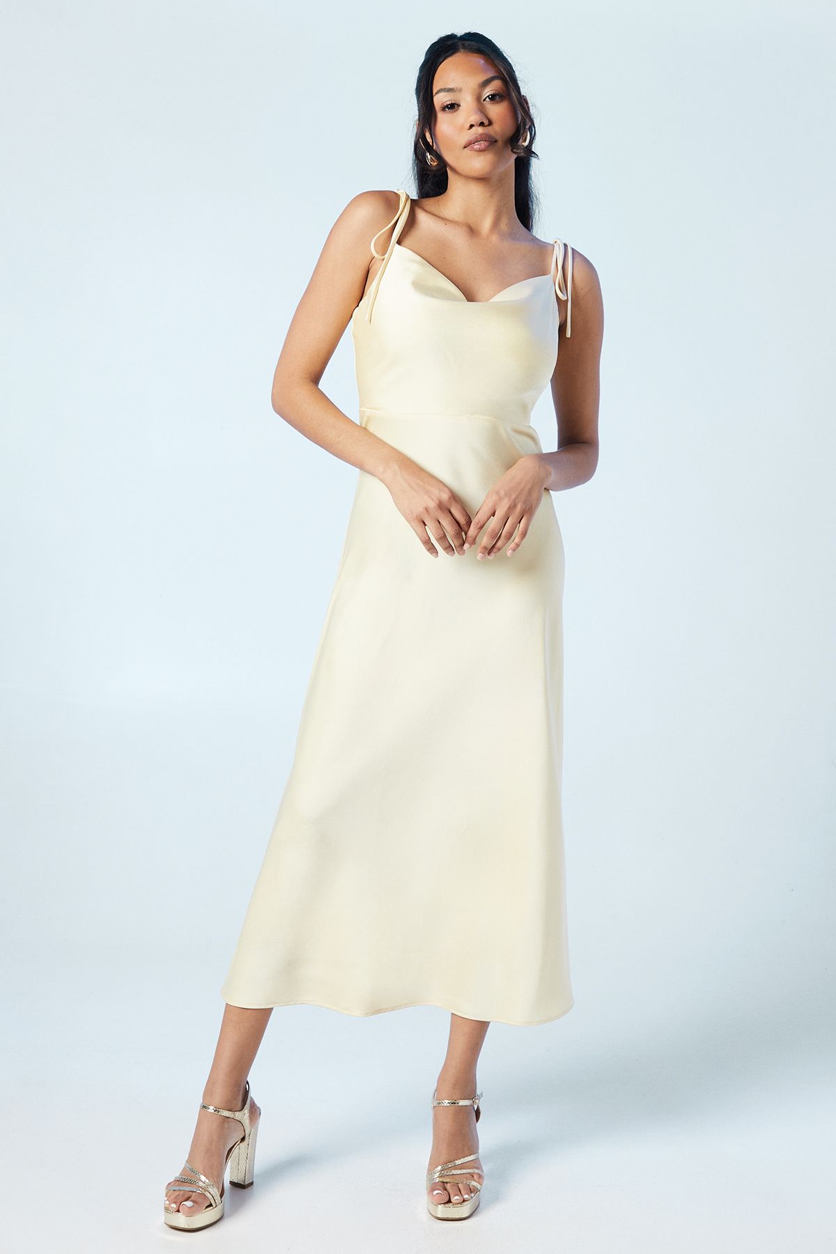 Oasis Spaghetti Strap Cowl Front Bridesmaid Midi Dress Butter