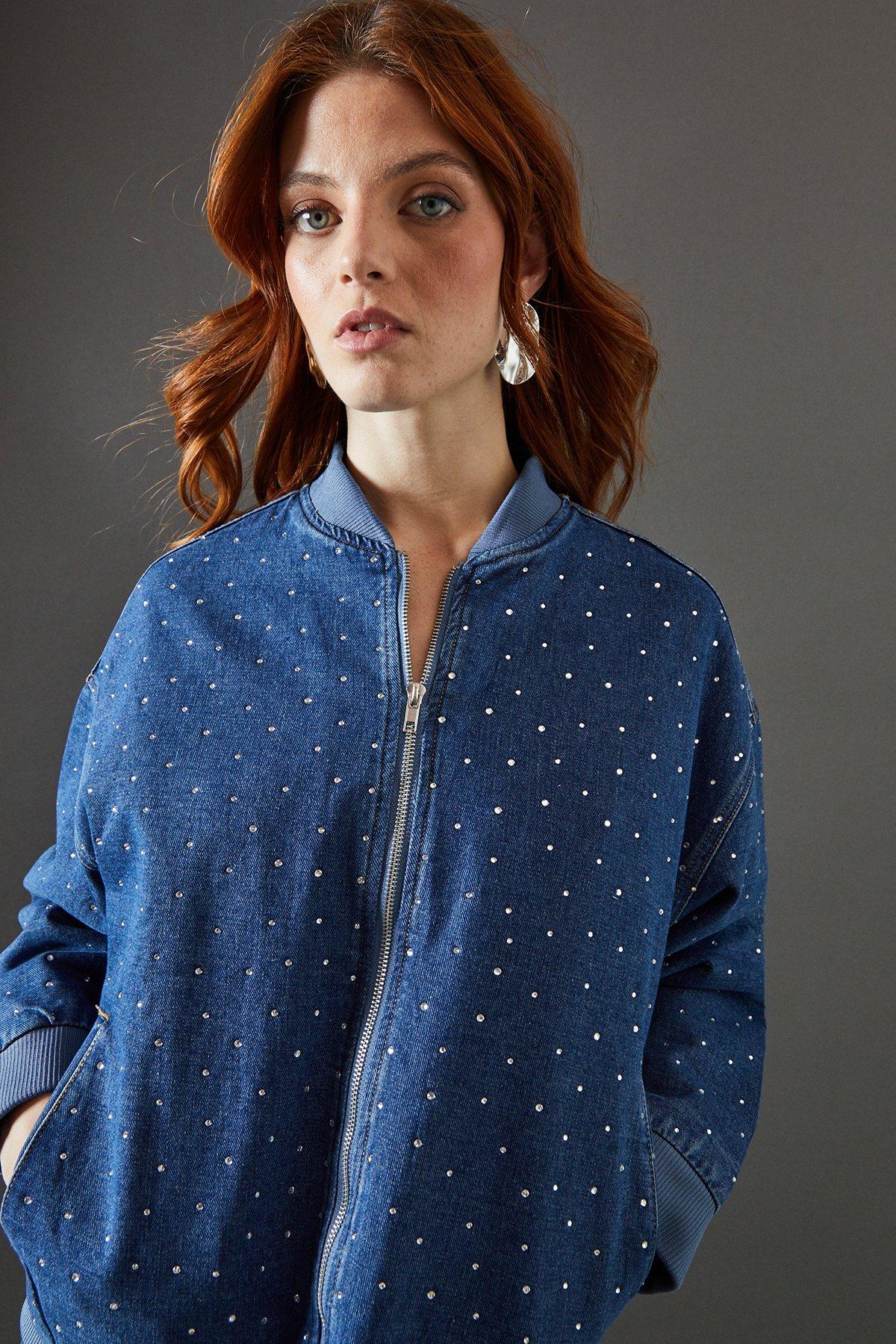 Warehouse Denim All Over Hotfix Bomber Jacket Dark Wash image 4