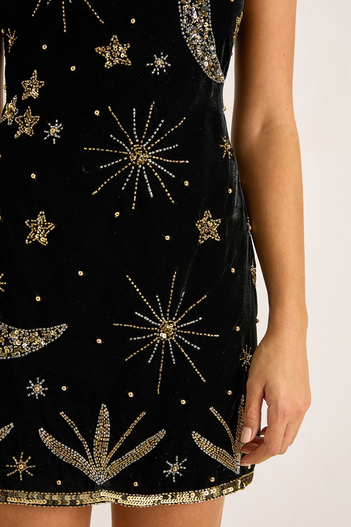 NastyGal Velvet Celestial Beaded Square Neck Mini Dress Black image 5