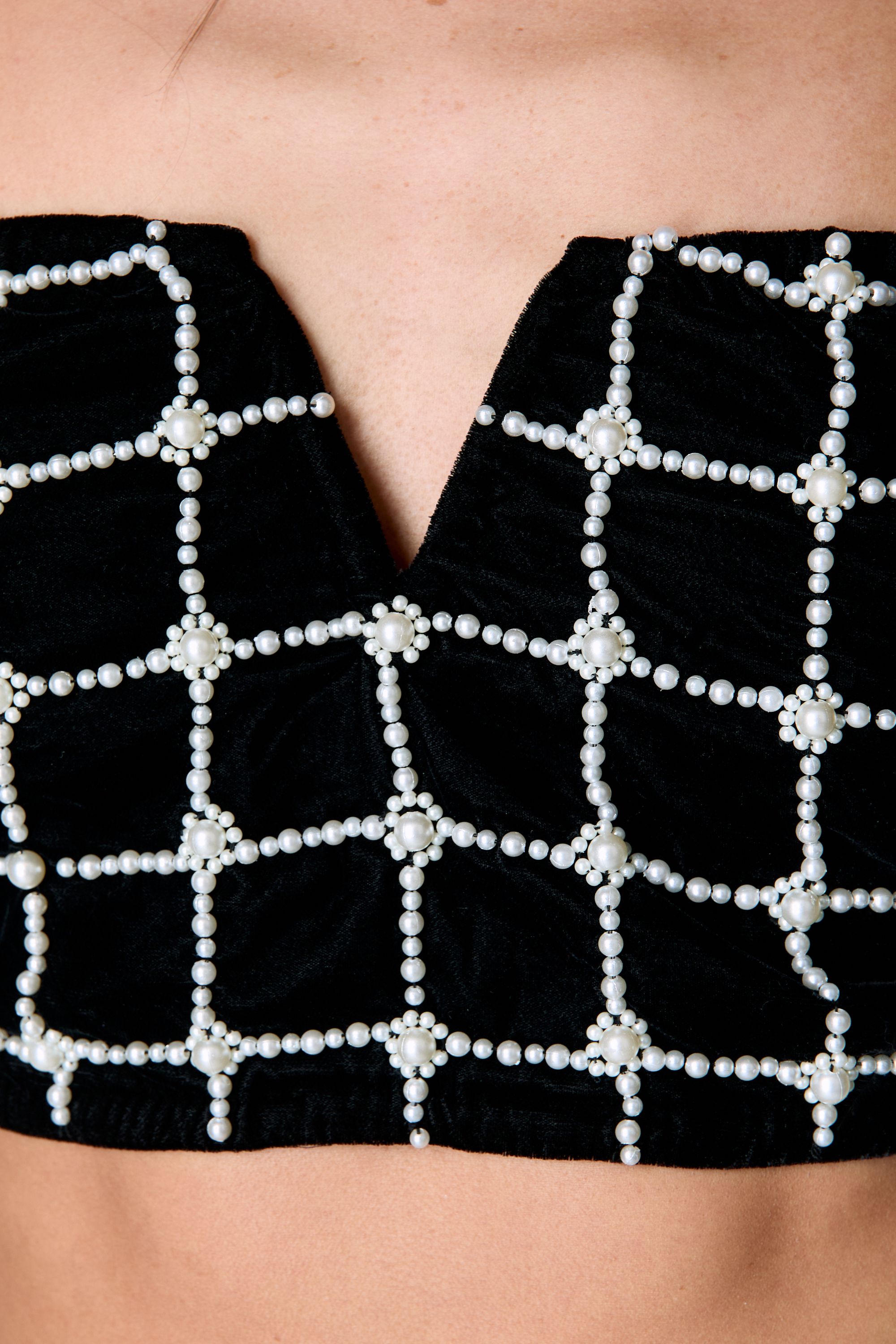 NastyGal Pearl Embellished Velvet Bardot Top Black image 2