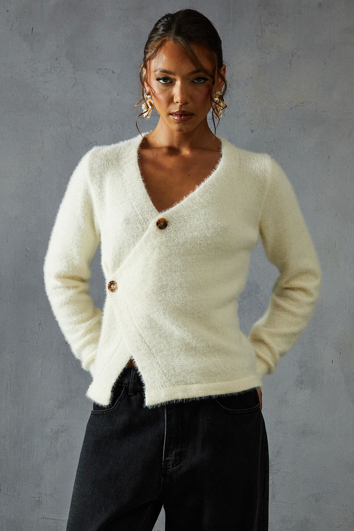 MissPap Eyelash Knit Asymmetric Cardigan Cream image 1