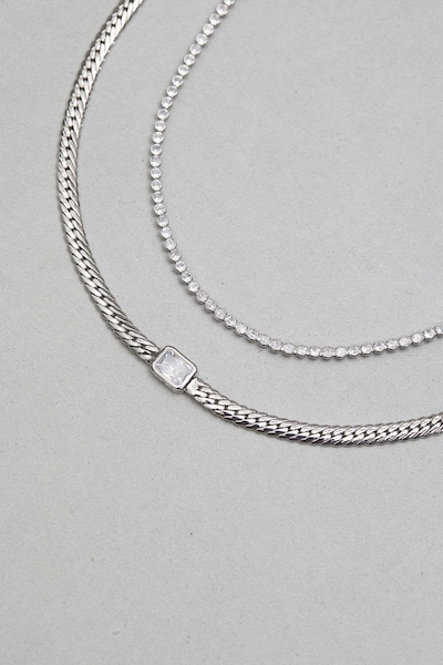 Inicio Silver Plated Recycled Cobra Double Chain And Cubic Zirconia Necklace - Gift Pouch