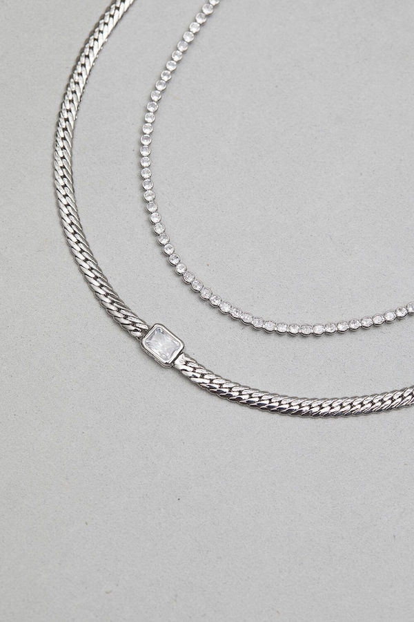 Inicio Silver Plated Recycled Cobra Double Chain And Cubic Zirconia Necklace - Gift Pouch