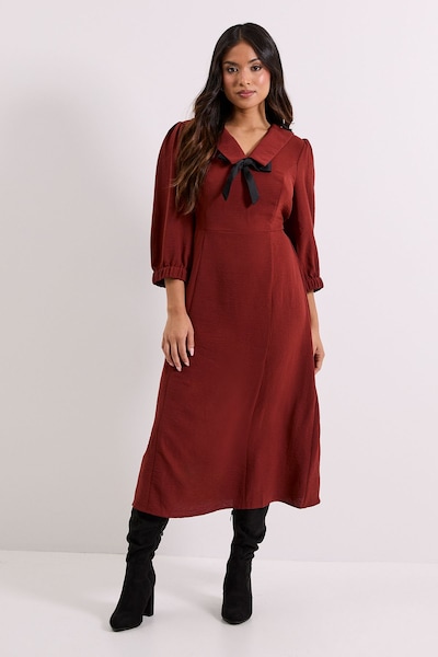 Dorothy Perkins Petite Collar Detail Bow Front Midi Dress Rust