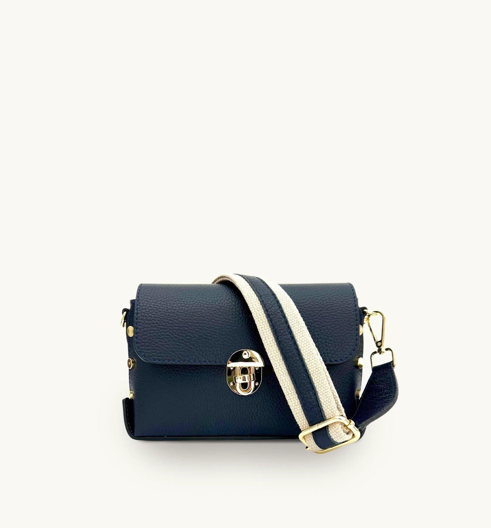 Apatchy London The Bloxsome Navy Leather Crossbody Bag With Canvas Strap image 1