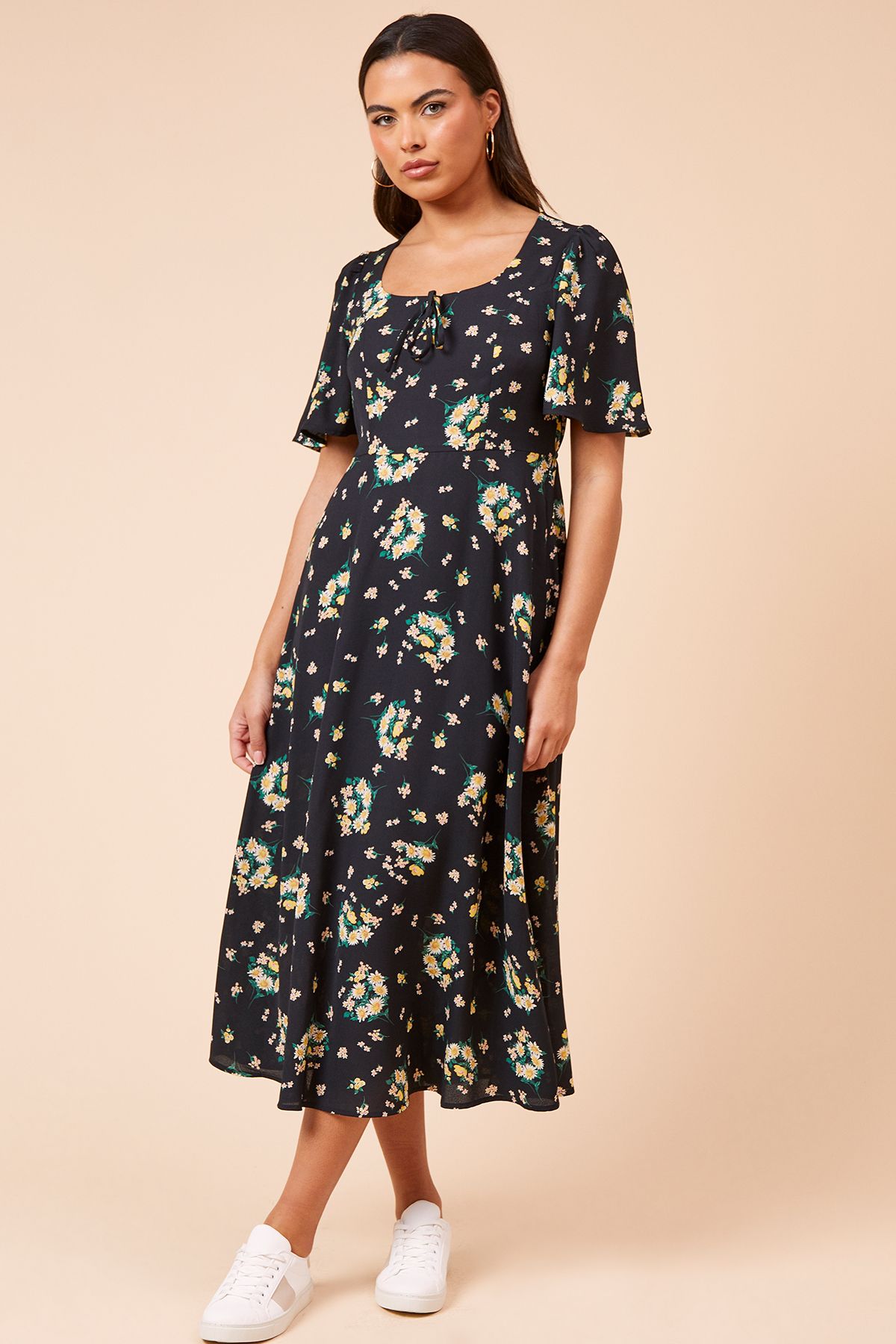 Dorothy Perkins Black Floral Tie Front Angel Sleeve Midi Dress Black