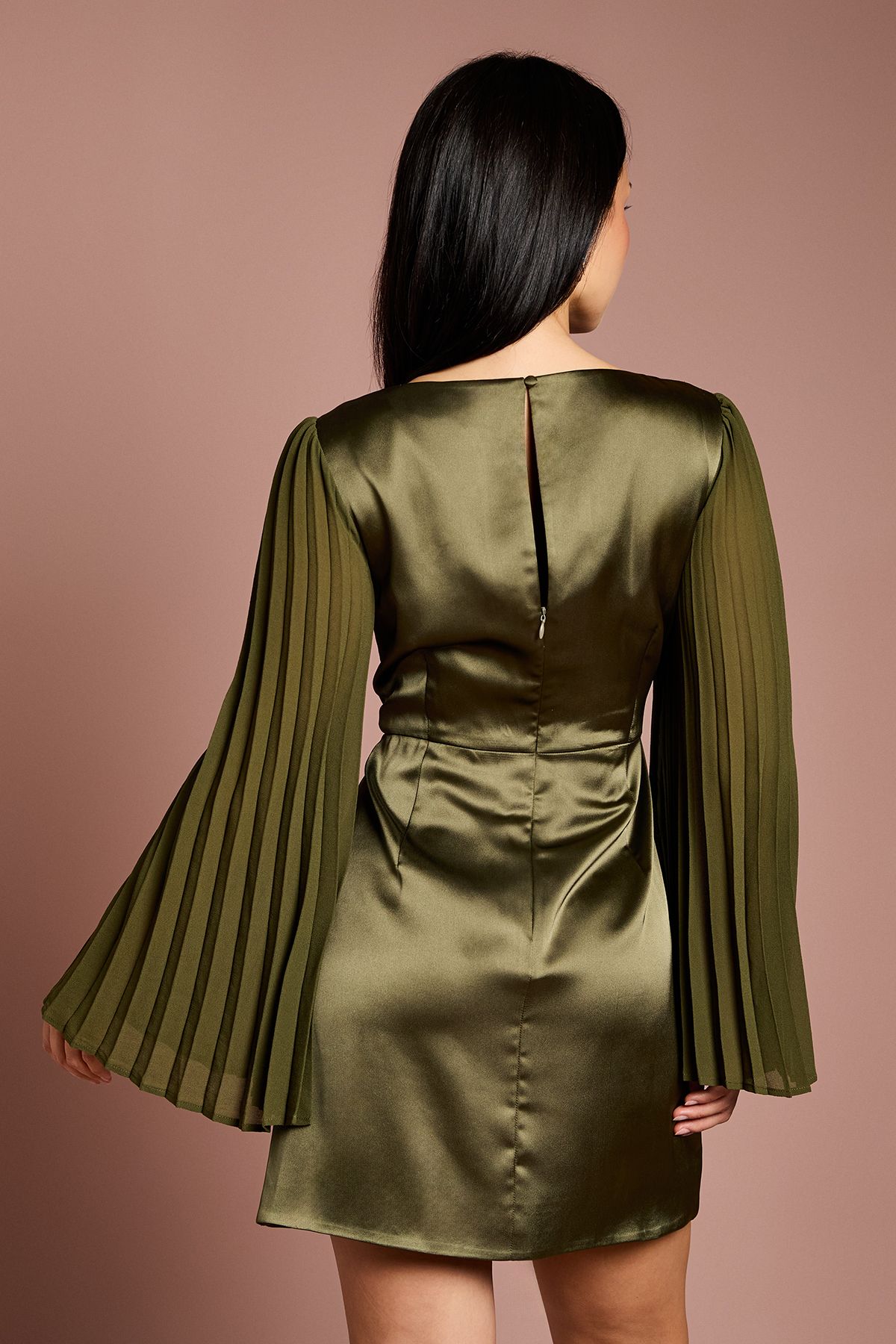 Coast Petite Satin Pleated Flare Sleeve Wrap Mini Dress Olive image 3