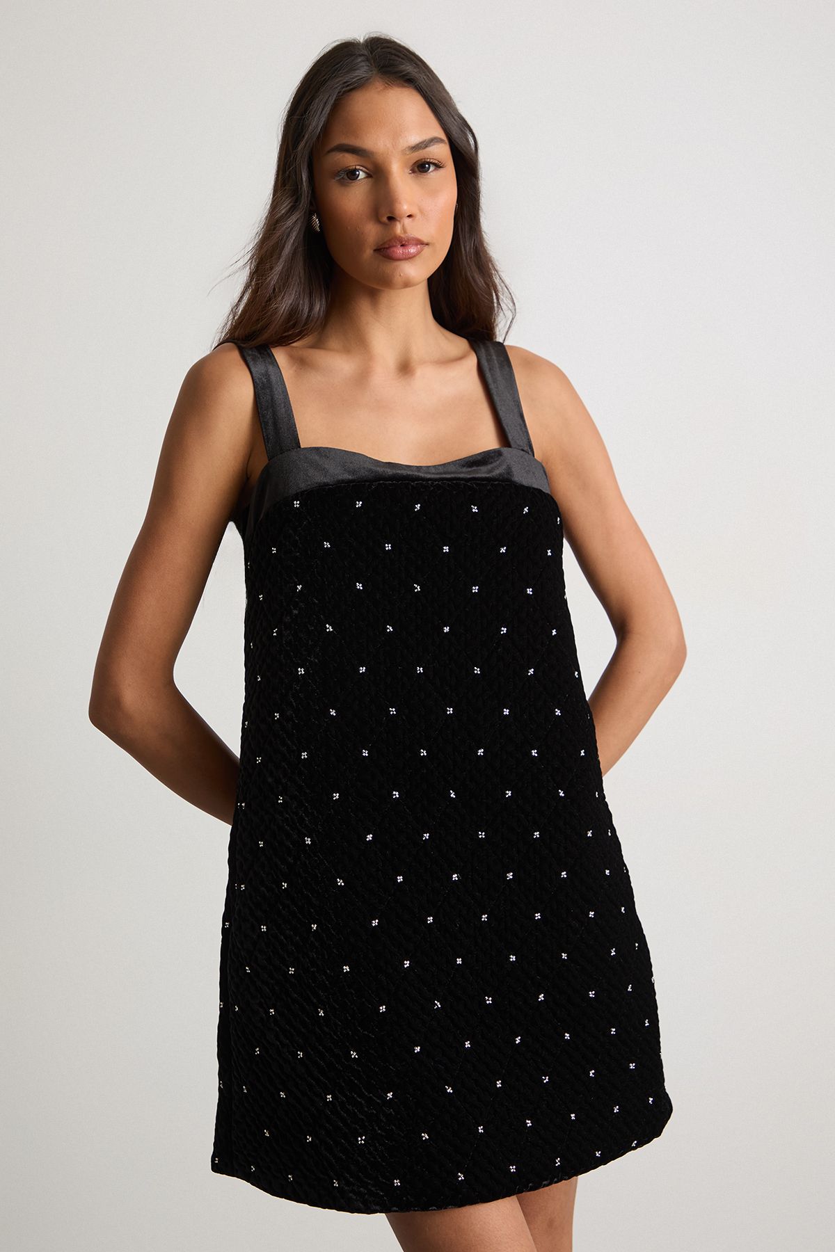 Warehouse Embellished Quilted Velvet Pinafore Dress Black image 2