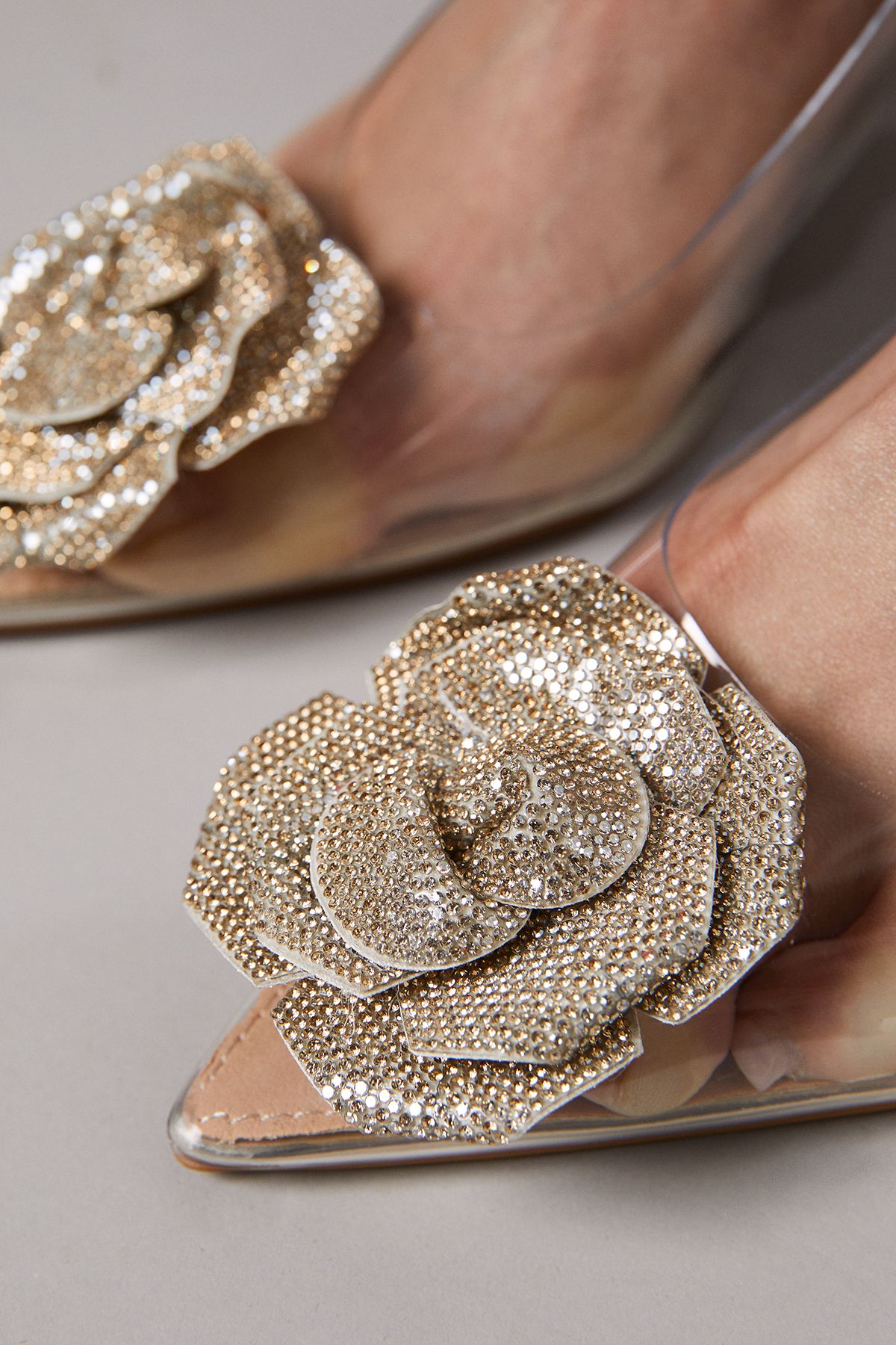 Coast Venessia Clear Vinyl Diamante Corsage Detail Heeled Court Shoes Gold image 4