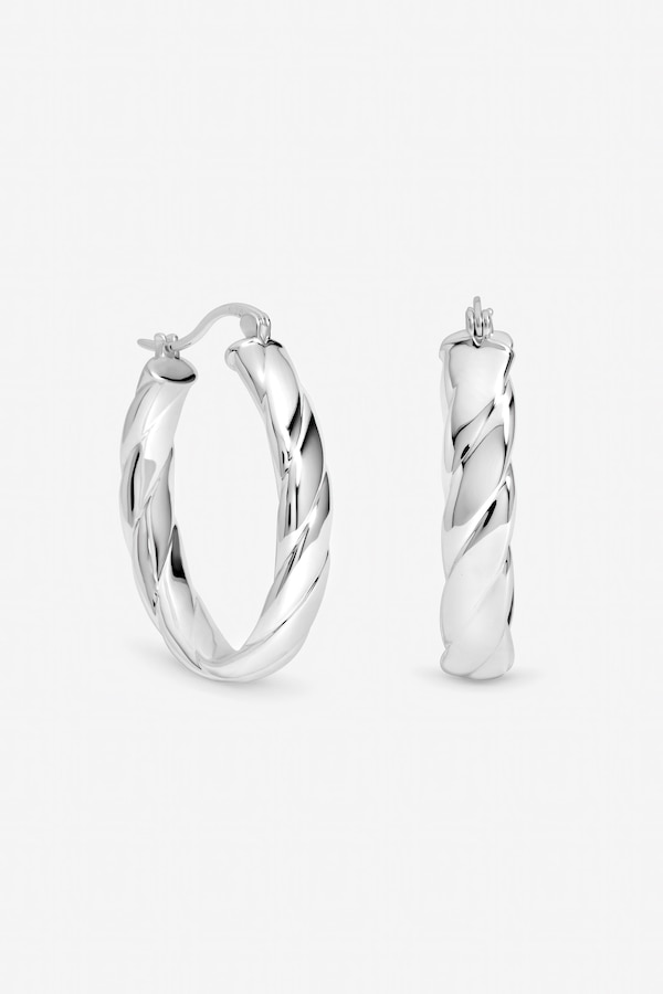 Inicio Sterling Silver Plated Polished Textured Oval Hoop Earrings