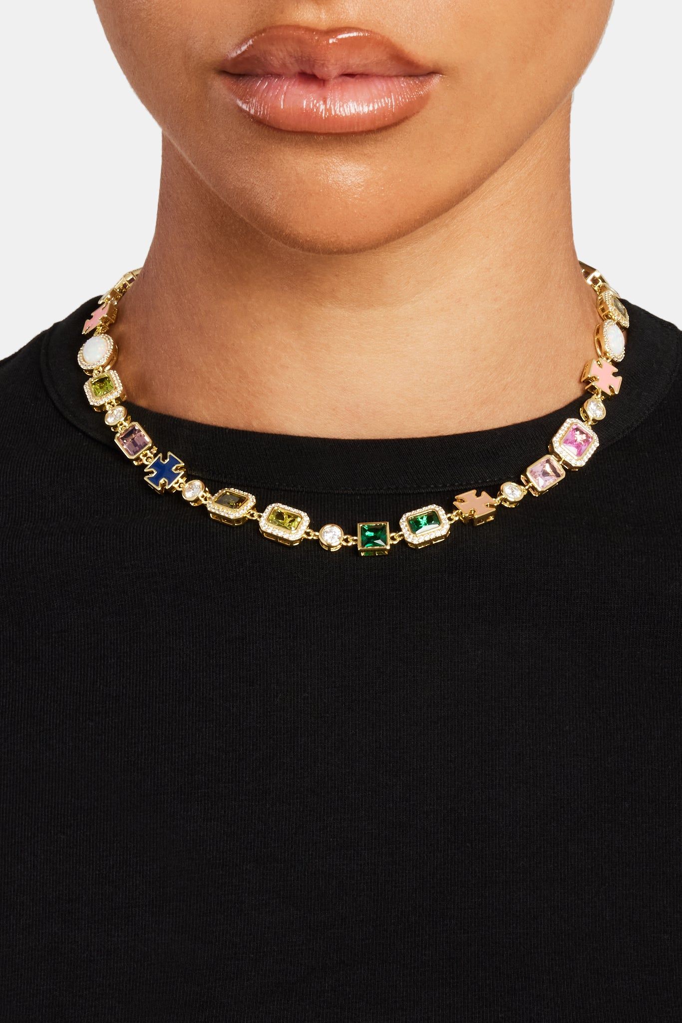 Cernucci Multi Gemstone Motif Necklace - Gold Pink & Green - 10mm image 1