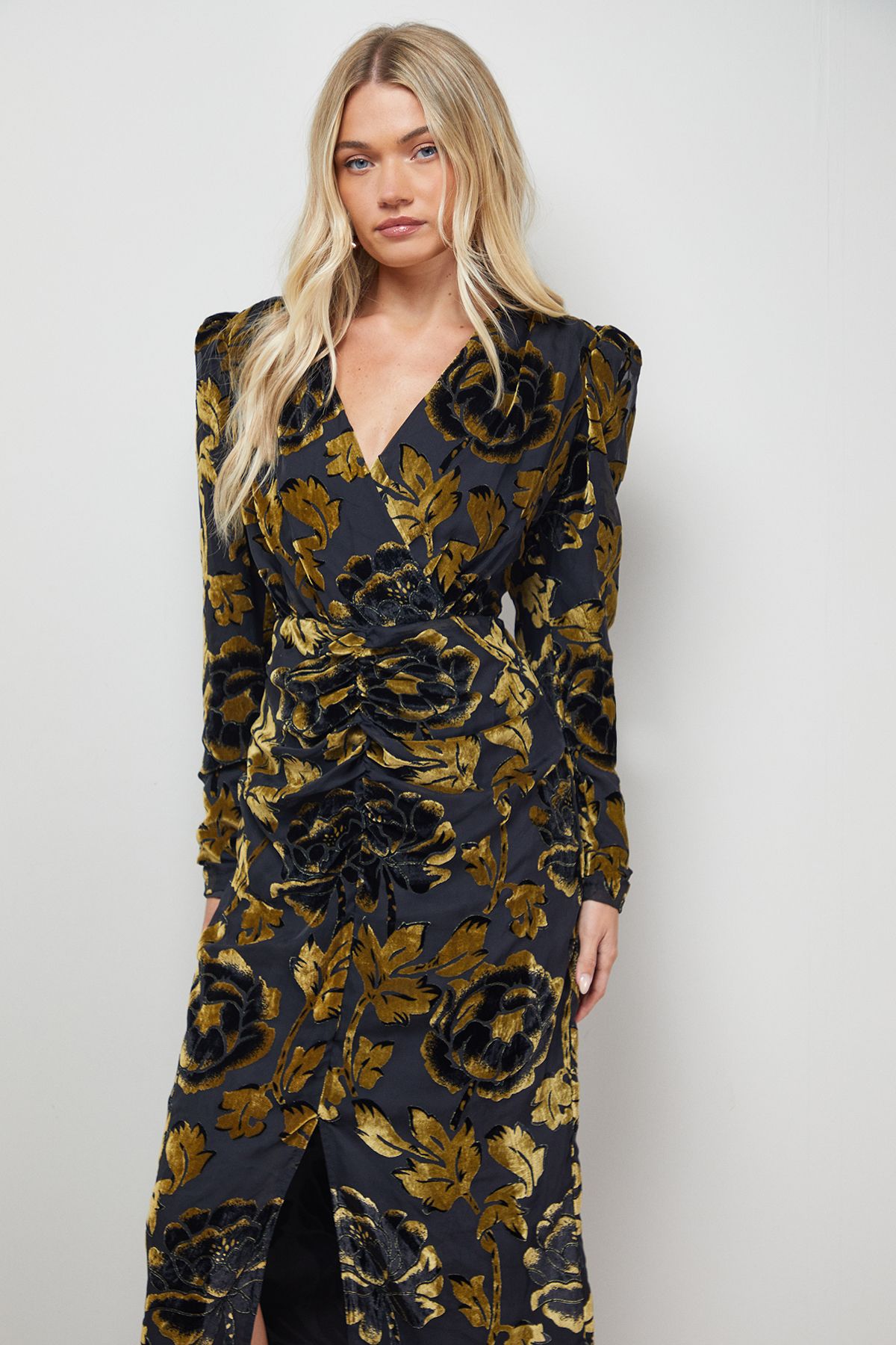 Oasis Floral Shoulder Pad Long Sleeve Midi Dress Gold image 4
