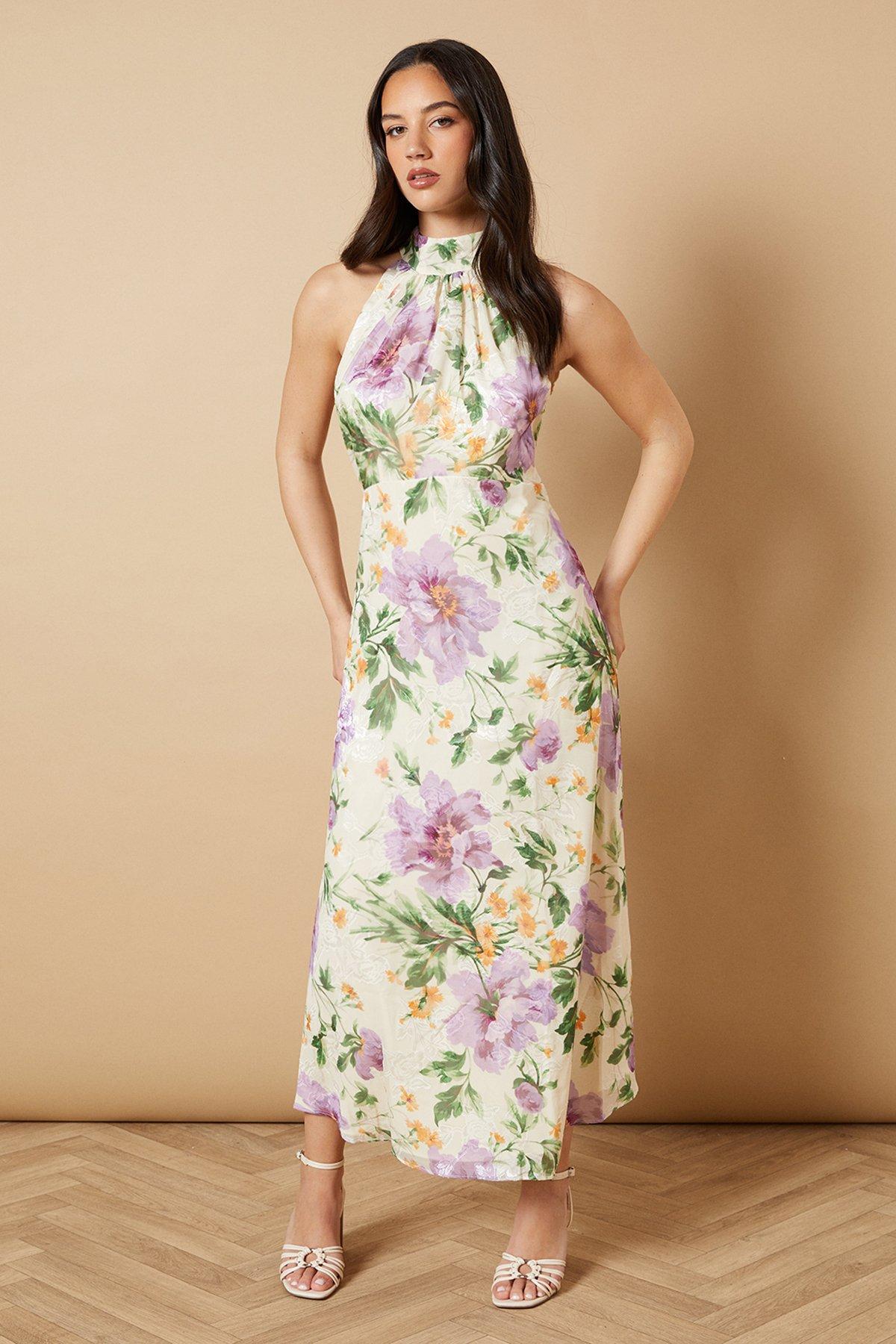 Oasis Floral Satin Burnout Halterneck Midi Dress Ivory image 1