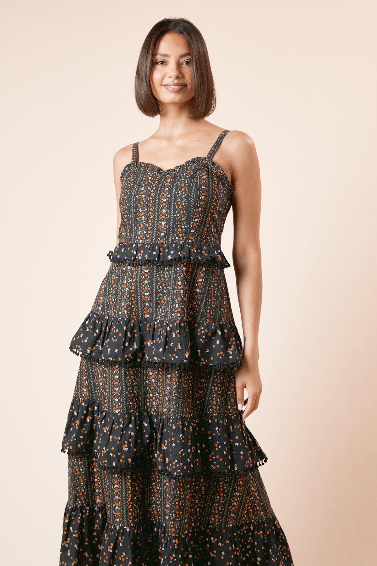 Dorothy Perkins Linear Floral Printed Ruffle Pom Pom Midi Dress Black image 2