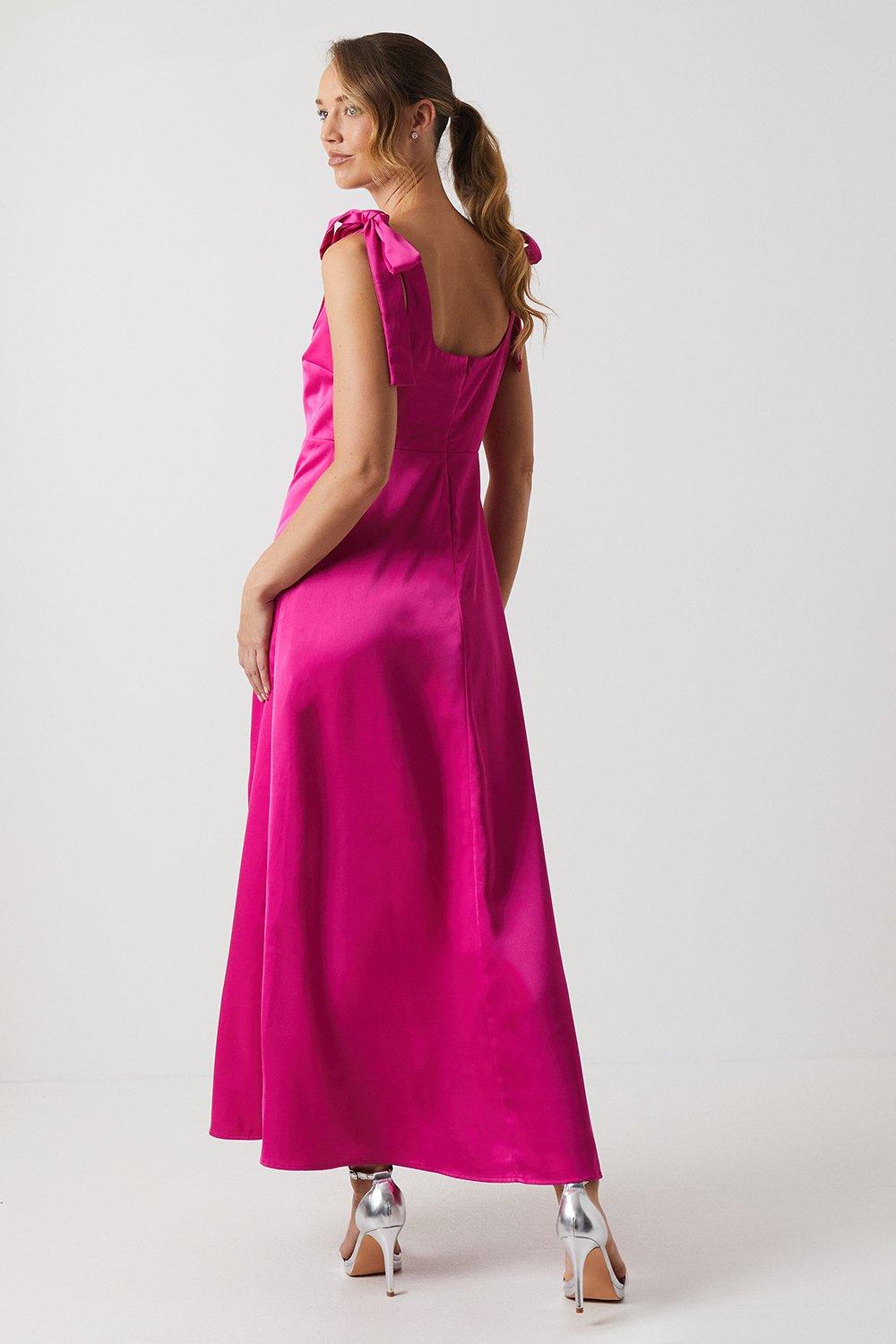 Oasis Satin Tie Shoulder Midi Bridesmaids Dress Bright Pink image 3