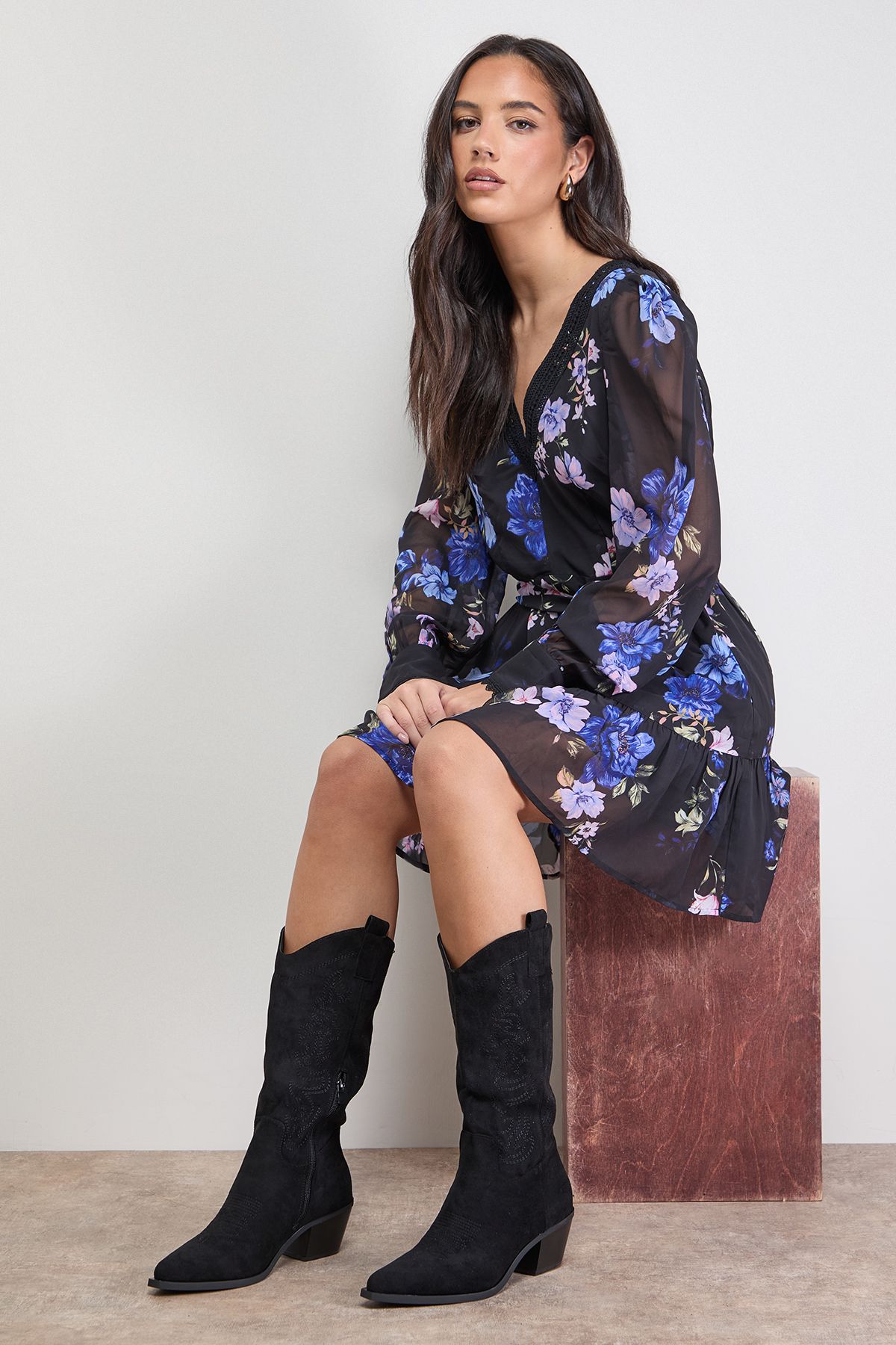 Oasis Elaina Faux Leather Western Cowboy Calf Boots Natural Black image 2