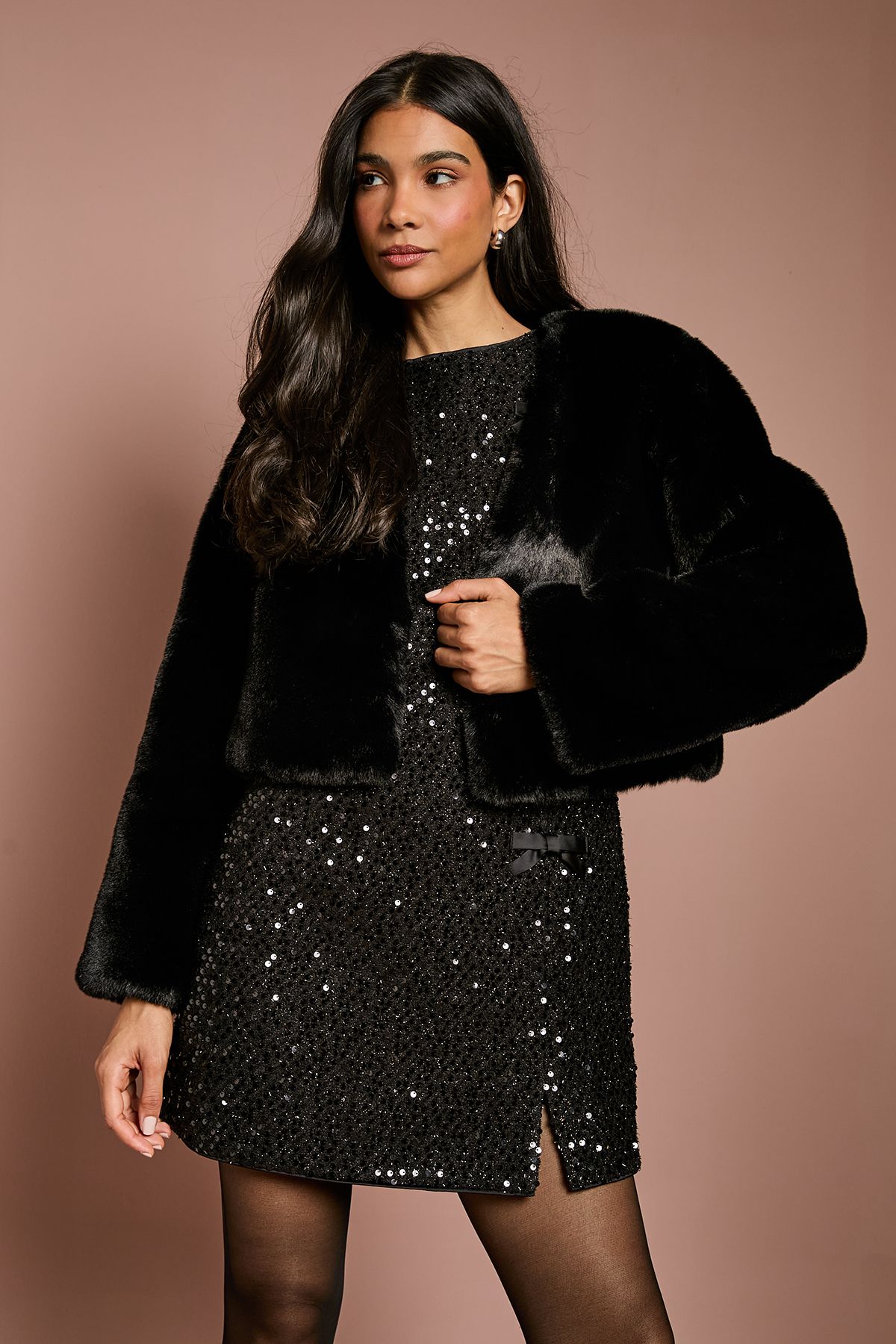 Coast Black Occasion Short Edge To Edge Faux Fur Coat Black image 4