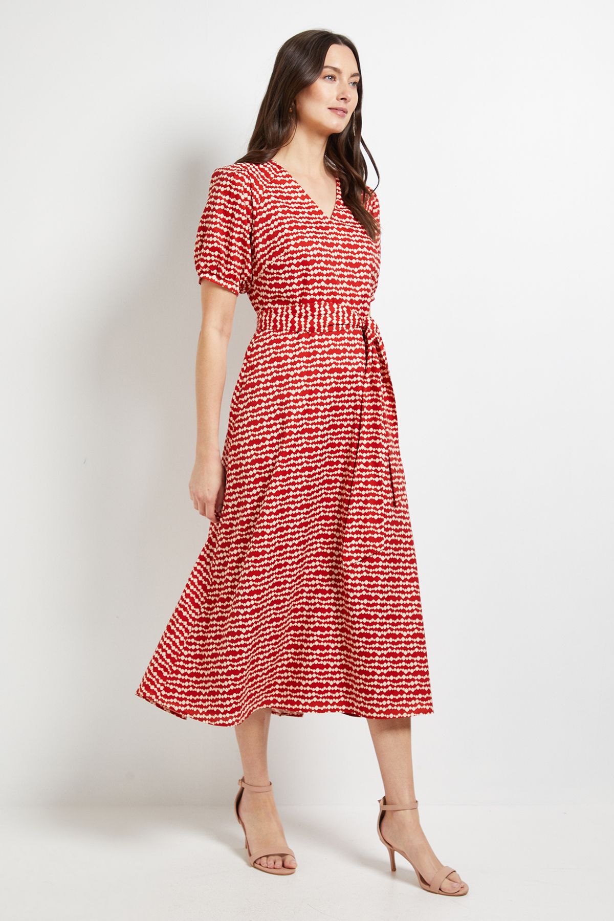 Principles Pleated Sleeve Belted Midi Dress Rust
