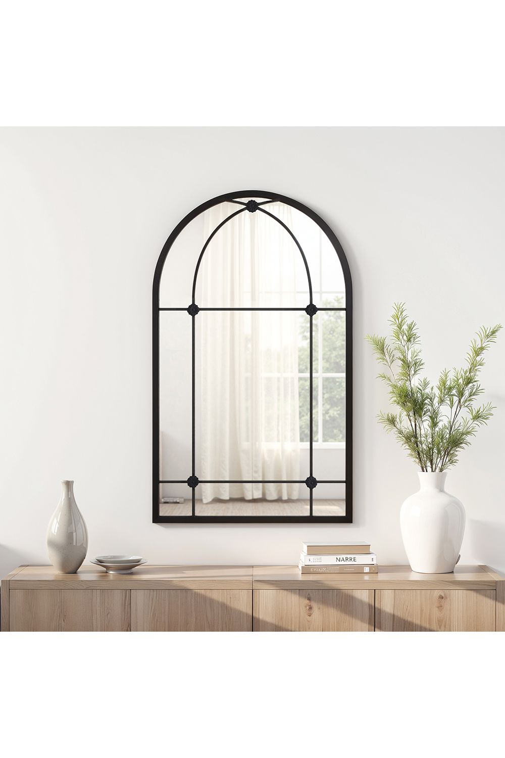 Living and Home Modern Arched Wall-mounted Metal Frame Windowpane Mirror image 1