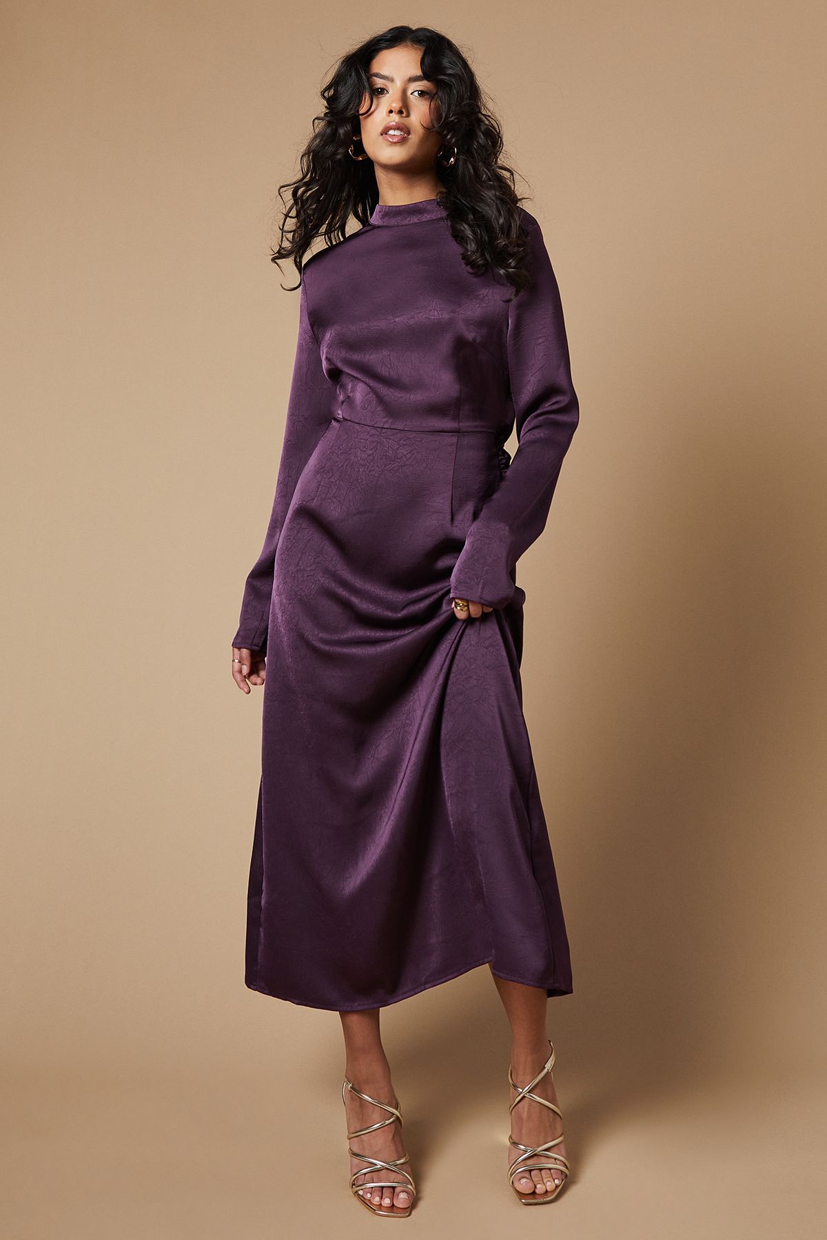 Oasis Petite Satin High Neck Twist Back Midi Dress Purple image 1