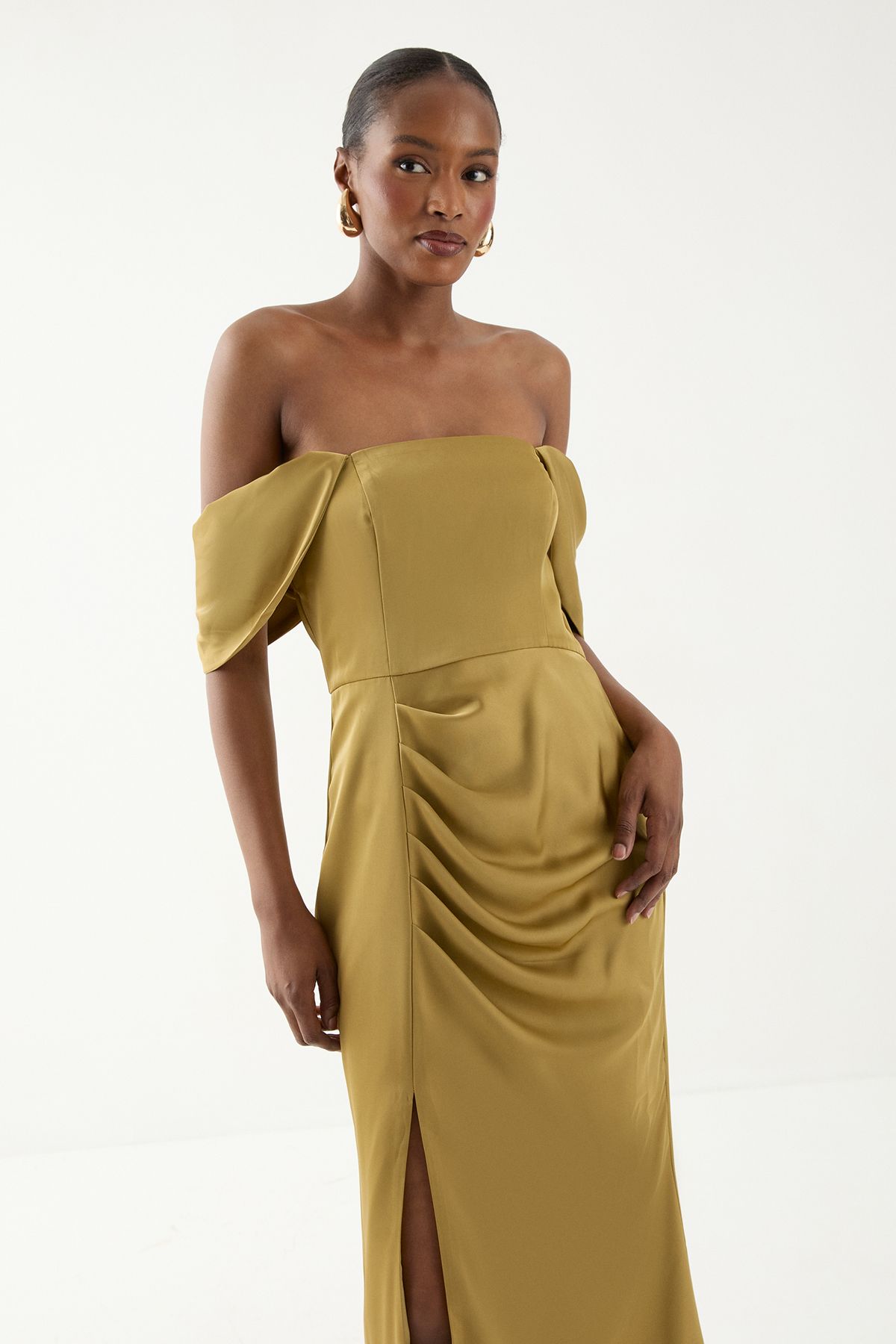 MissPap Bardot Ruched Satin Bridesmaid Dress Olive image 2