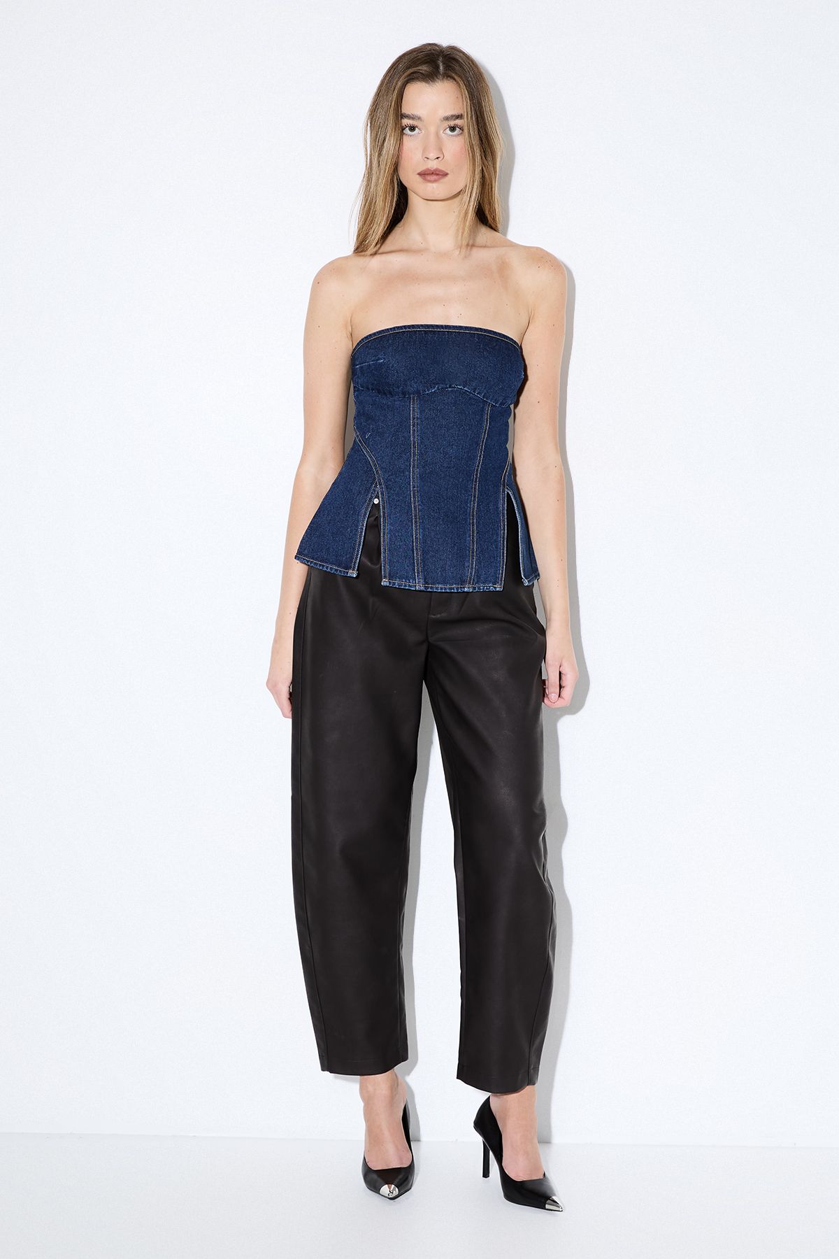 MissPap Denim Bandeau Split Hem Top Indigo image 2