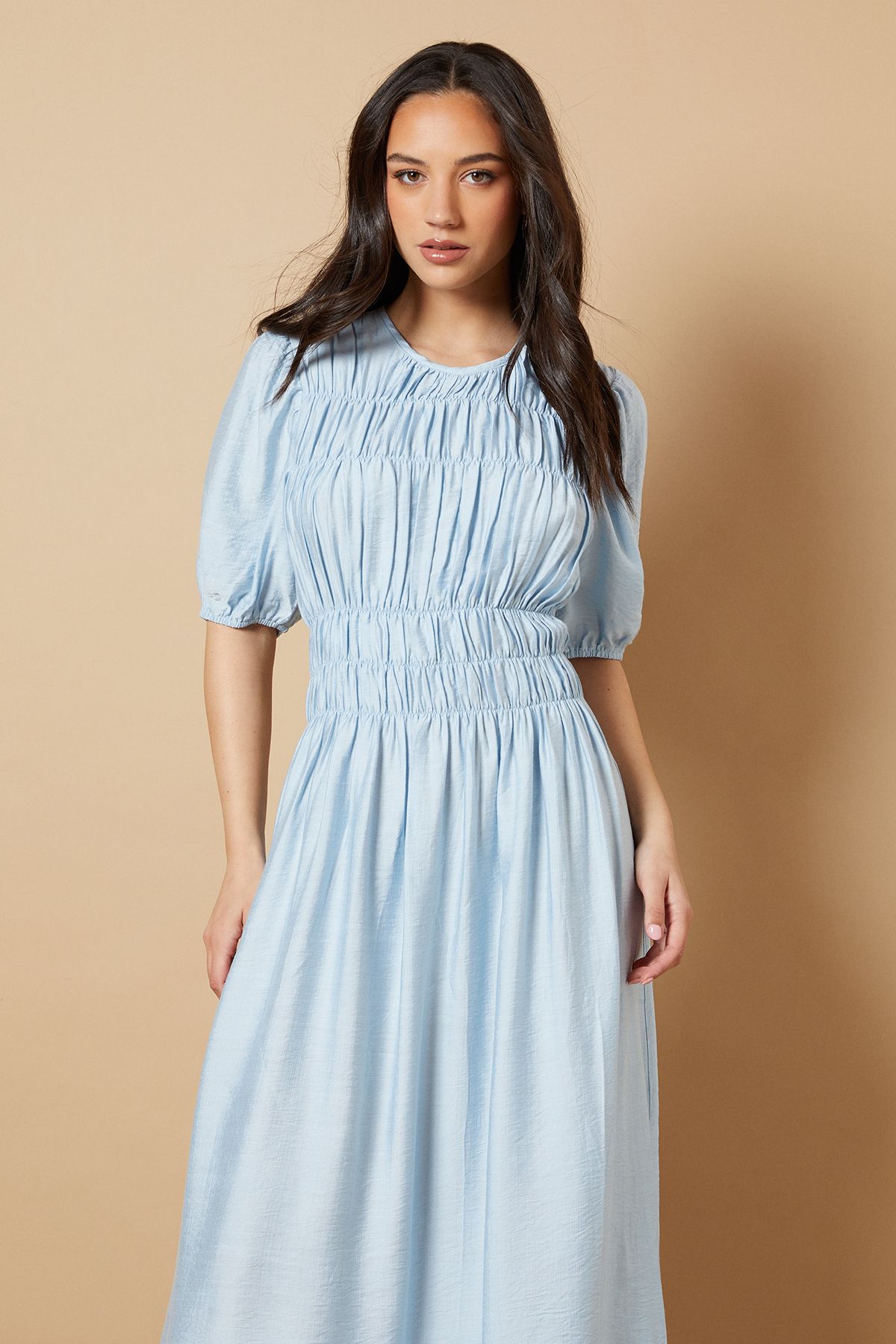 Oasis Shirred Bodice Puff Sleeve Midi Dress Blue image 4