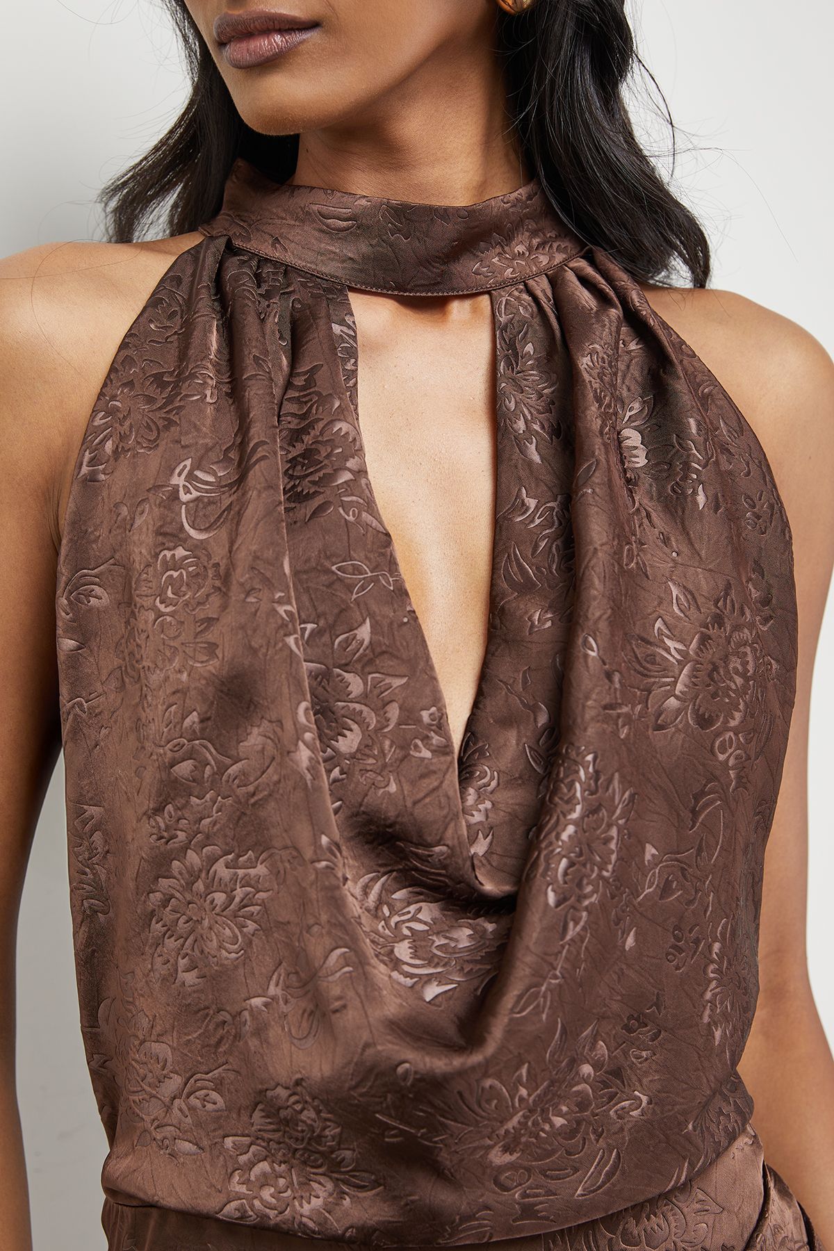 Warehouse Satin Jacquard Halter Keyhole Front Midi Dress Chocolate image 5