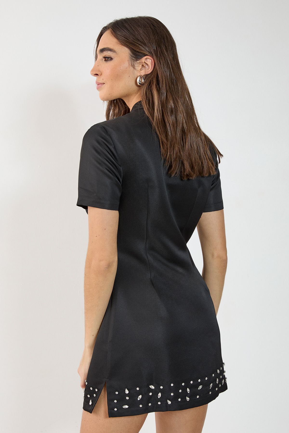 NastyGal Satin Diamante Trim High Neck Cut Out Mini Dress Black image 4