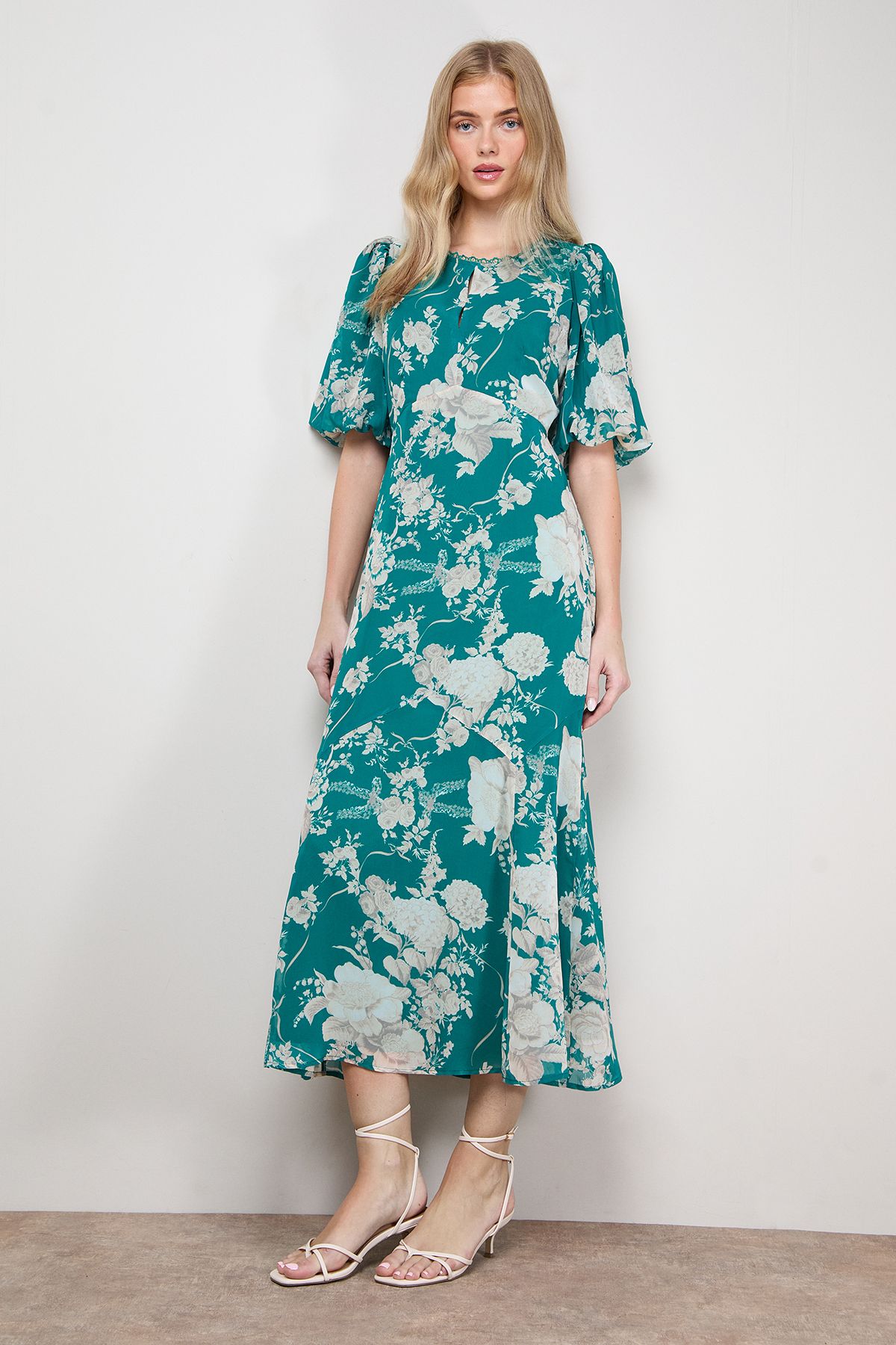 Oasis Puff Sleeve Trim Detail Panelled Tea Dress Green image 1