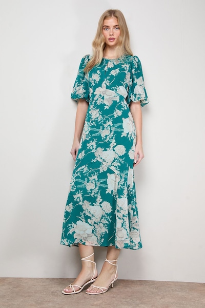 Oasis Puff Sleeve Trim Detail Panelled Tea Dress Green
