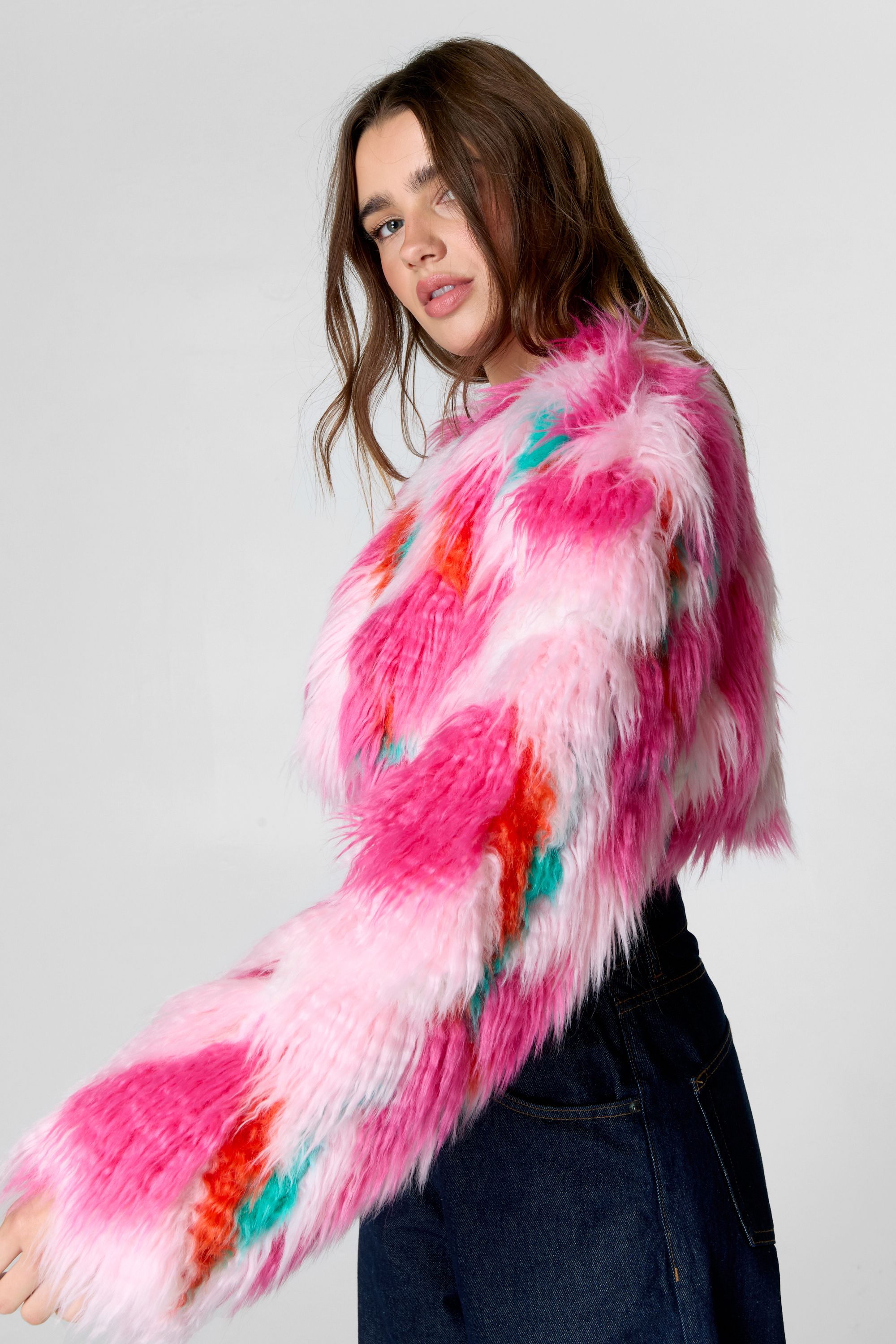 NastyGal Premium Patchwork Faux Fur Cropped Coat Pink image 1