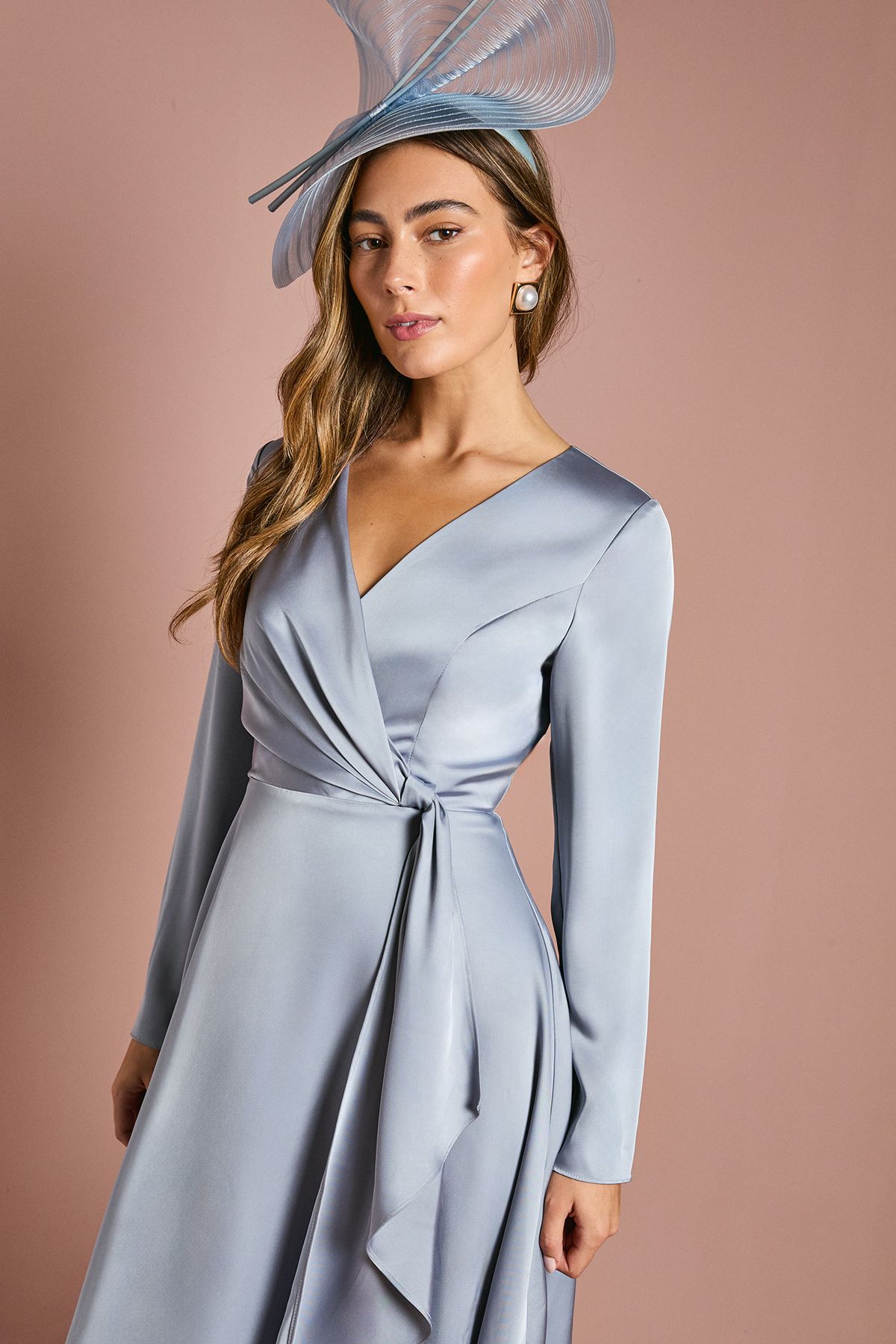 Coast Long Sleeve Waterfall Satin Midi Dress Light Blue image 2
