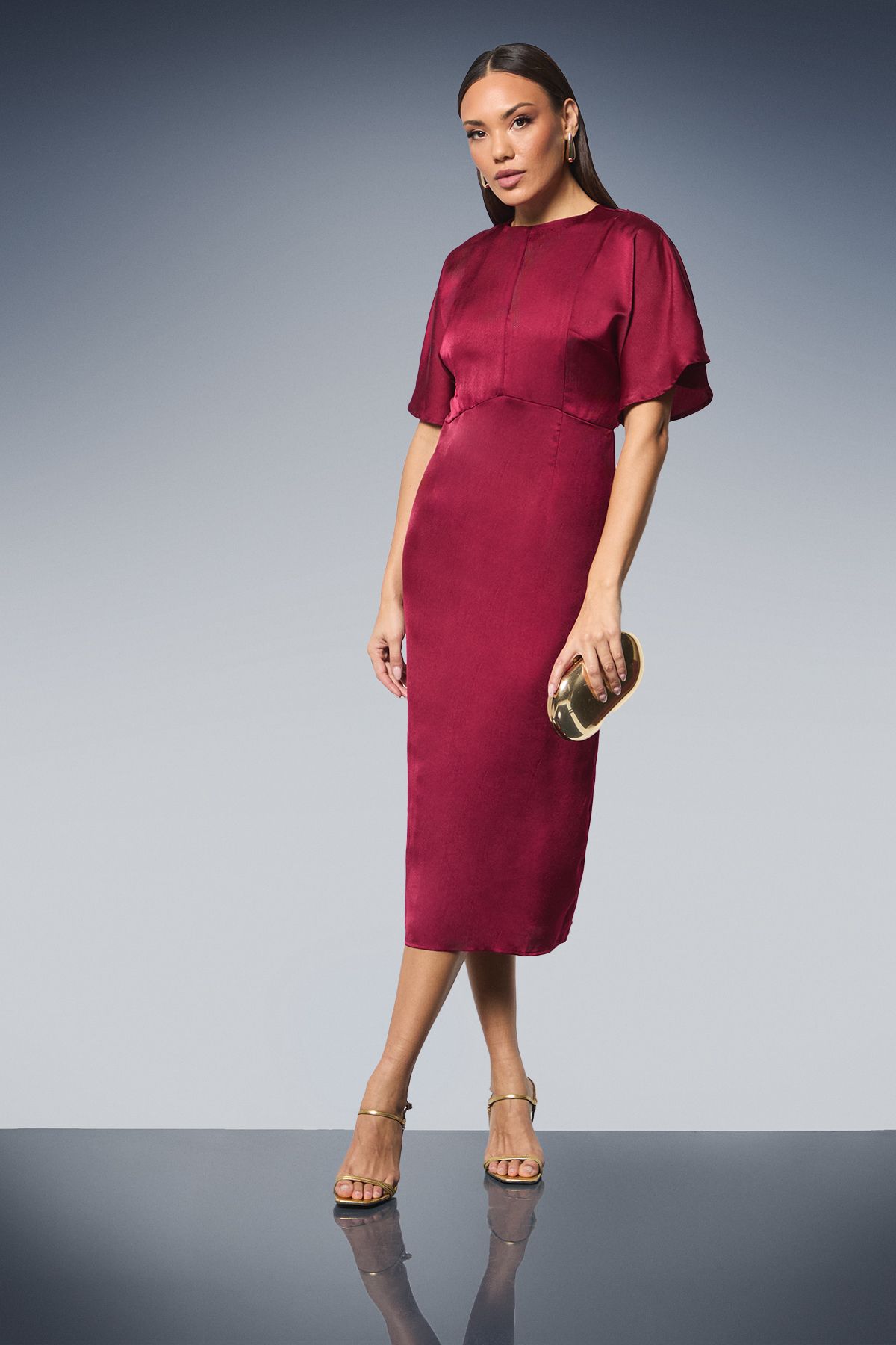 Principles Seam Detail Satin Pencil Midi Dress Wine image 1