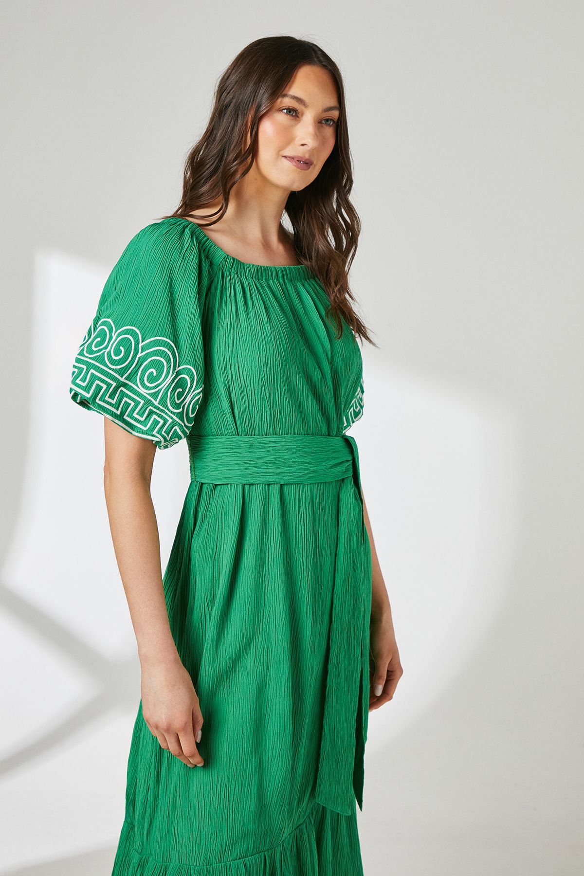 Principles Crinkle Viscose Bardot Bubble Hem Midaxi Dress Bright Green image 2