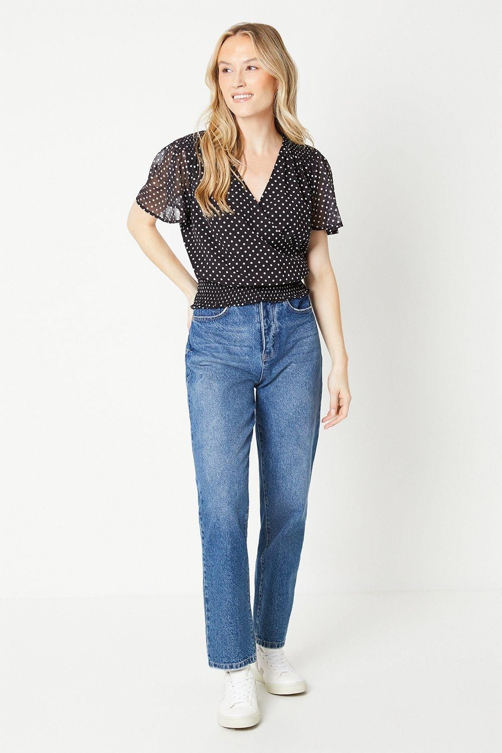 Dorothy Perkins Spot Chiffon Shirred Hem Wrap Blouse Black image 2