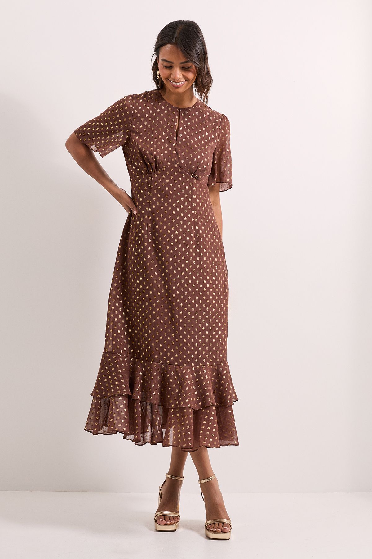 Dorothy Perkins DP Luxe Metallic Spot Chiffon Ruffle Hem Midi Dress Chocolate image 1