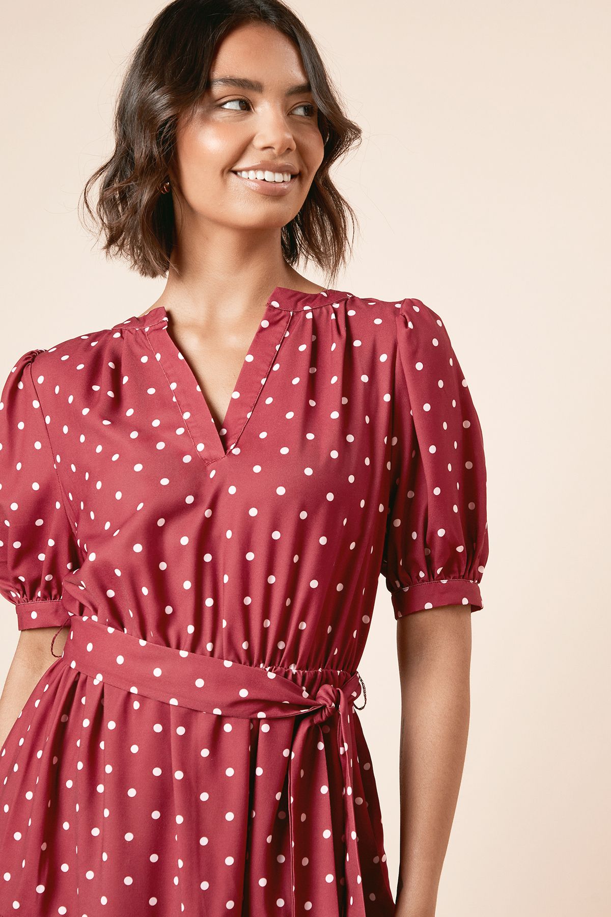 Dorothy Perkins Burgundy Spot Printed Overhead Belted Puff Sleeve Mini Dress Floral image 3