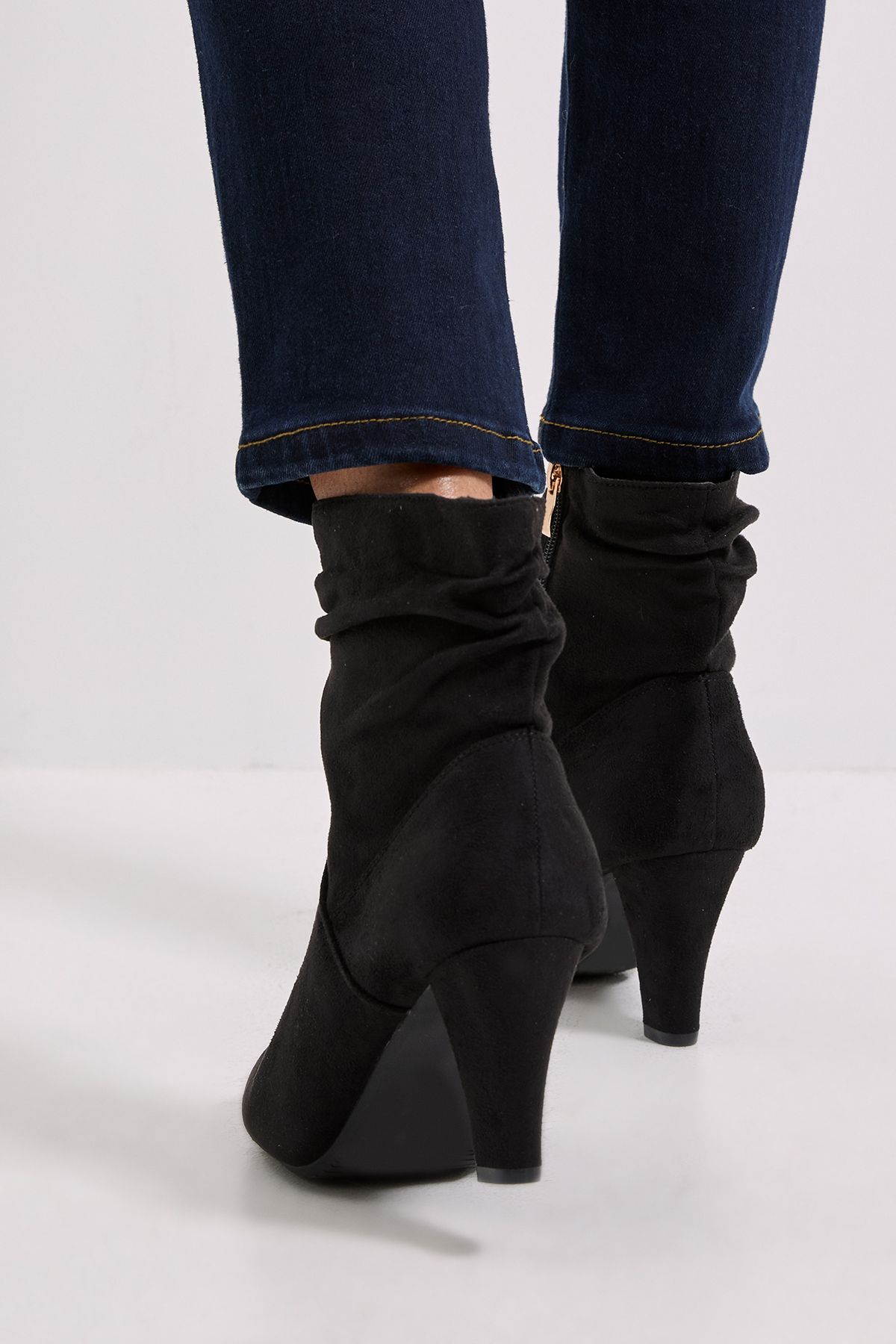 Dorothy Perkins Wide Fit Ally Faux Suede Ruched High Heeled Ankle Boots Natural Black image 4