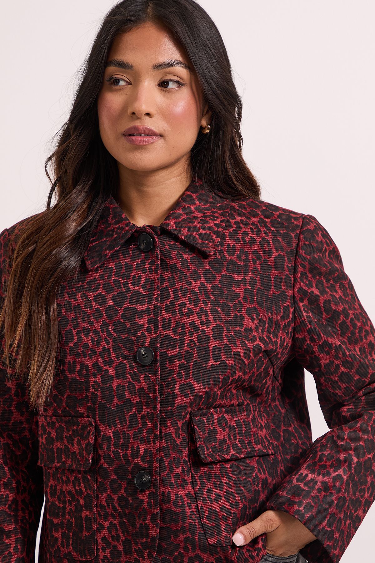 Dorothy Perkins Petite Animal Print Pocket Detail Jacket Red image 3