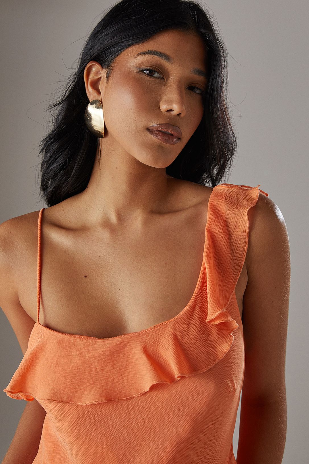 Warehouse Chiffon Asymmetric Hem Ruffle Midi Slip Dress Peach image 4